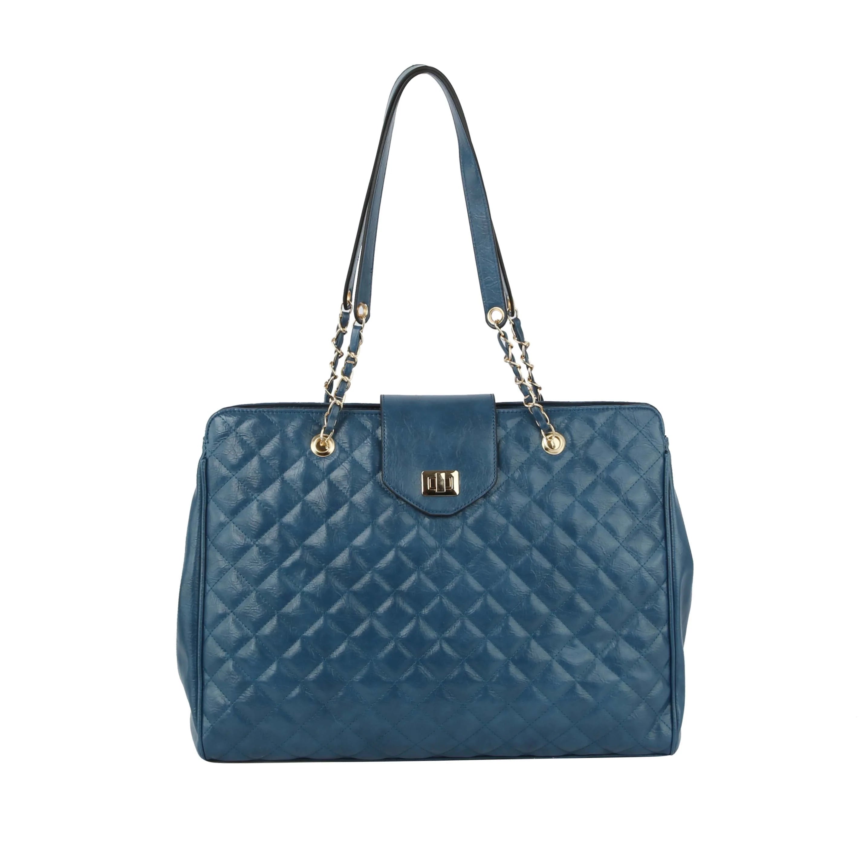 The Oversized Quilted Tote Travel Bag features blue faux leather, double shoulder straps with gold chain details, a front flap with a gold clasp closure, and a structured rectangular shape, set against a white background.