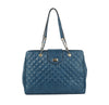 The Oversized Quilted Tote Travel Bag features blue faux leather, double shoulder straps with gold chain details, a front flap with a gold clasp closure, and a structured rectangular shape, set against a white background.