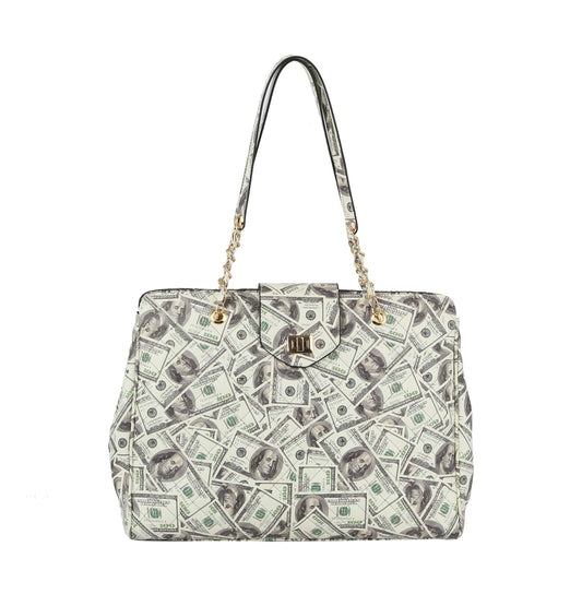 The Oversized Quilted Tote Travel Bag features an eye-catching overlapping U.S. hundred-dollar bill print, luxe faux leather, gold chain handles, and a gold front flap clasp for chic versatility.