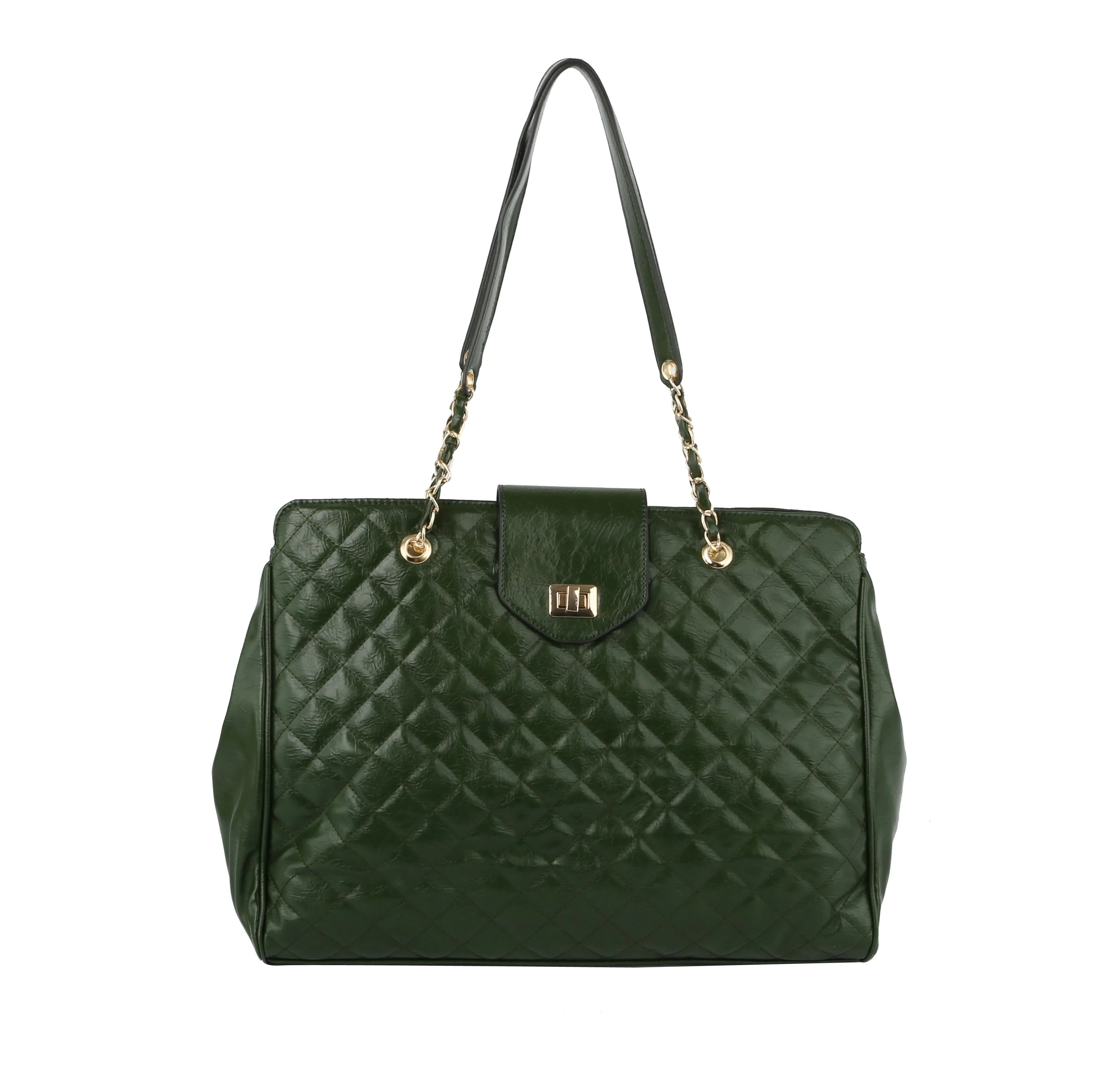 The Oversized Quilted Tote Travel Bag is a dark green faux leather handbag featuring gold chain and leather shoulder straps, gold hardware, a front flap closure, and versatile use as a stylish travel tote.