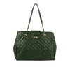 The Oversized Quilted Tote Travel Bag is a dark green faux leather handbag featuring gold chain and leather shoulder straps, gold hardware, a front flap closure, and versatile use as a stylish travel tote.