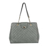 The Oversized Quilted Tote Travel Bag is a gray faux leather handbag with gold chain and leather handles, a rectangular clasp on the front flap, structured shape, and an elegant minimalist design.