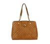 The Oversized Quilted Tote Travel Bag, in brown faux leather, features gold chain and leather shoulder straps, a front flap with metallic clasp, and is shown against a white background.