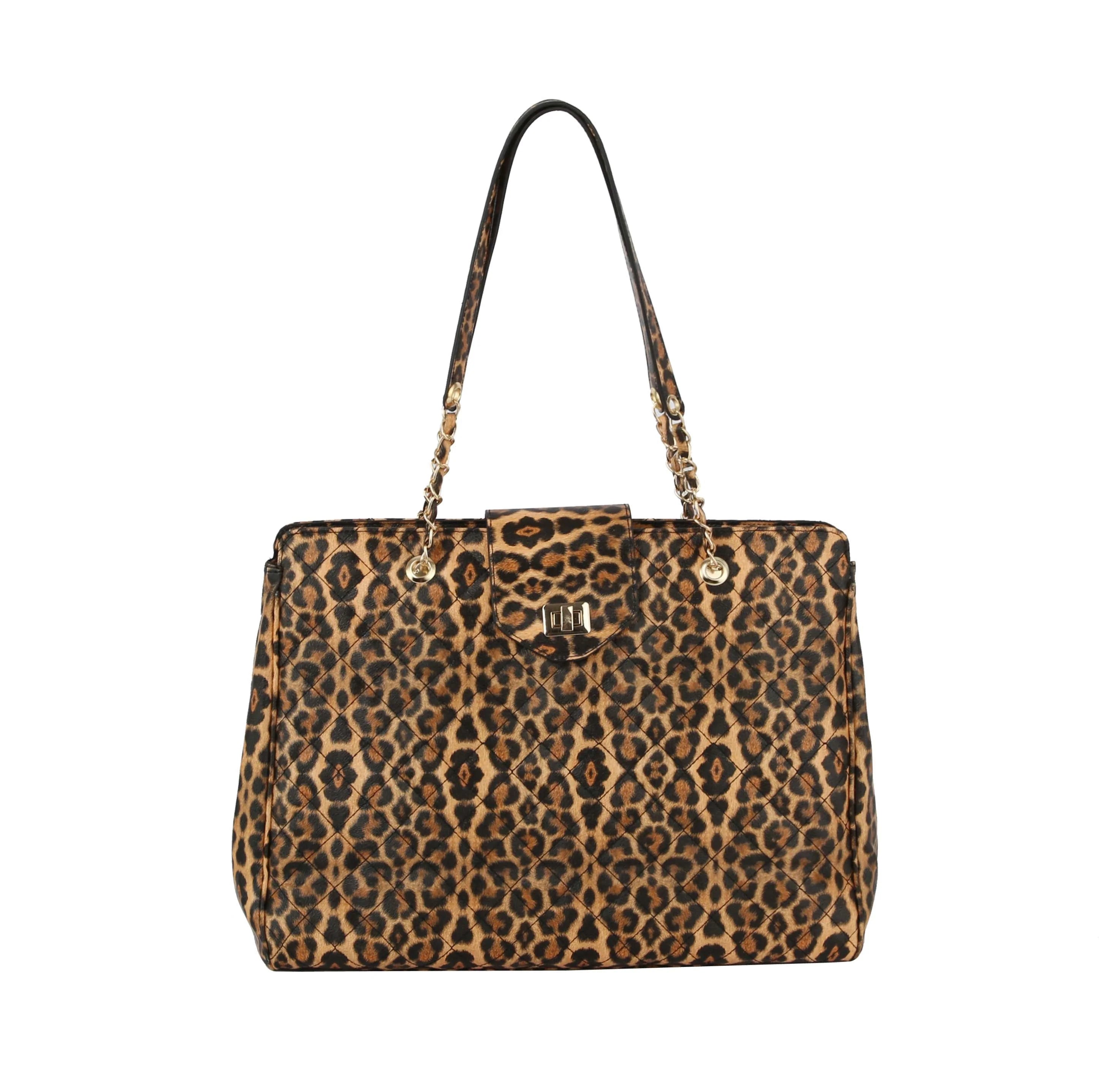 The Oversized Quilted Tote Travel Bag features a spacious leopard-print faux leather design, gold chain-accented double shoulder straps, a front metal logo, and a luggage sleeve for effortless travel.