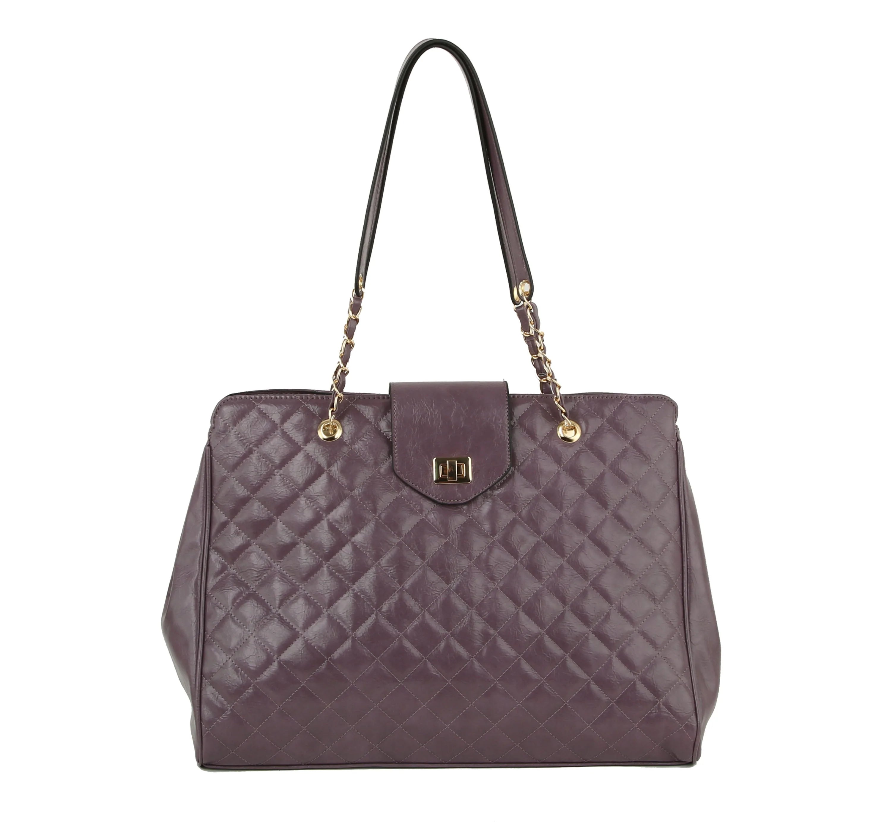 The Oversized Quilted Tote Travel Bag features purple faux leather, gold chain and leather straps, a top flap with gold turn-lock closure, and a structured silhouette—ideal for chic travel.