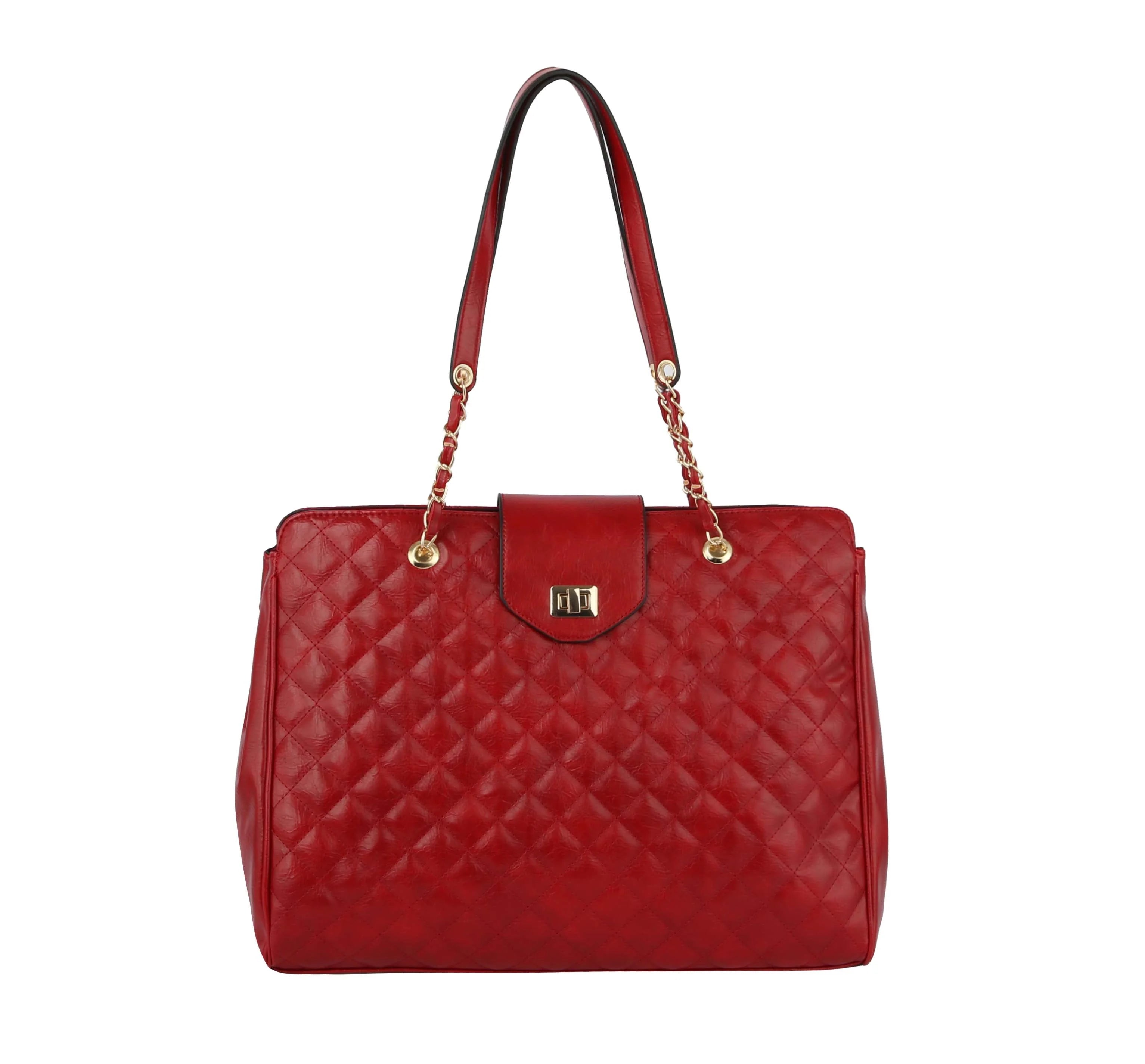 The Oversized Quilted Tote Travel Bag is a red faux leather handbag with gold hardware, flap closure, double shoulder straps with gold chain details, a rectangular shape, and a luggage sleeve for easy travel.