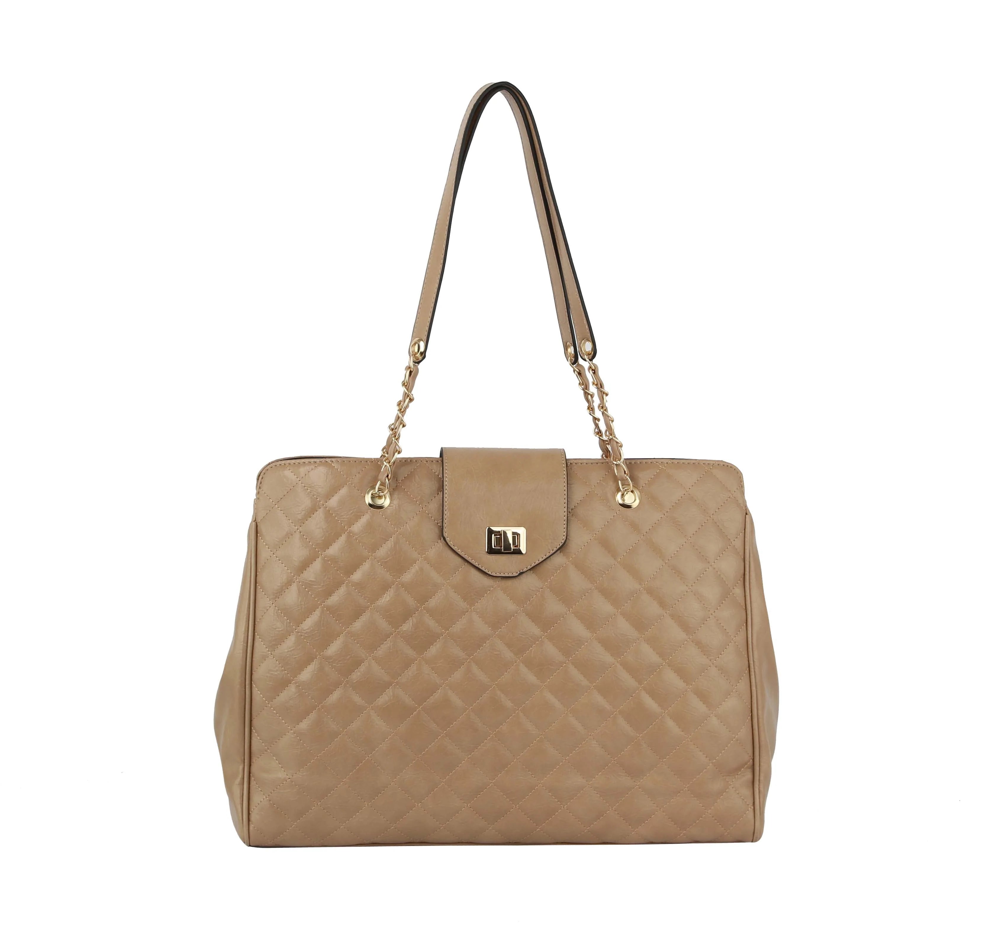 The Oversized Quilted Tote Travel Bag features tan faux leather, gold chain and leather straps, a front flap with a gold-tone clasp—perfect as a stylish travel tote—shown against a white background.