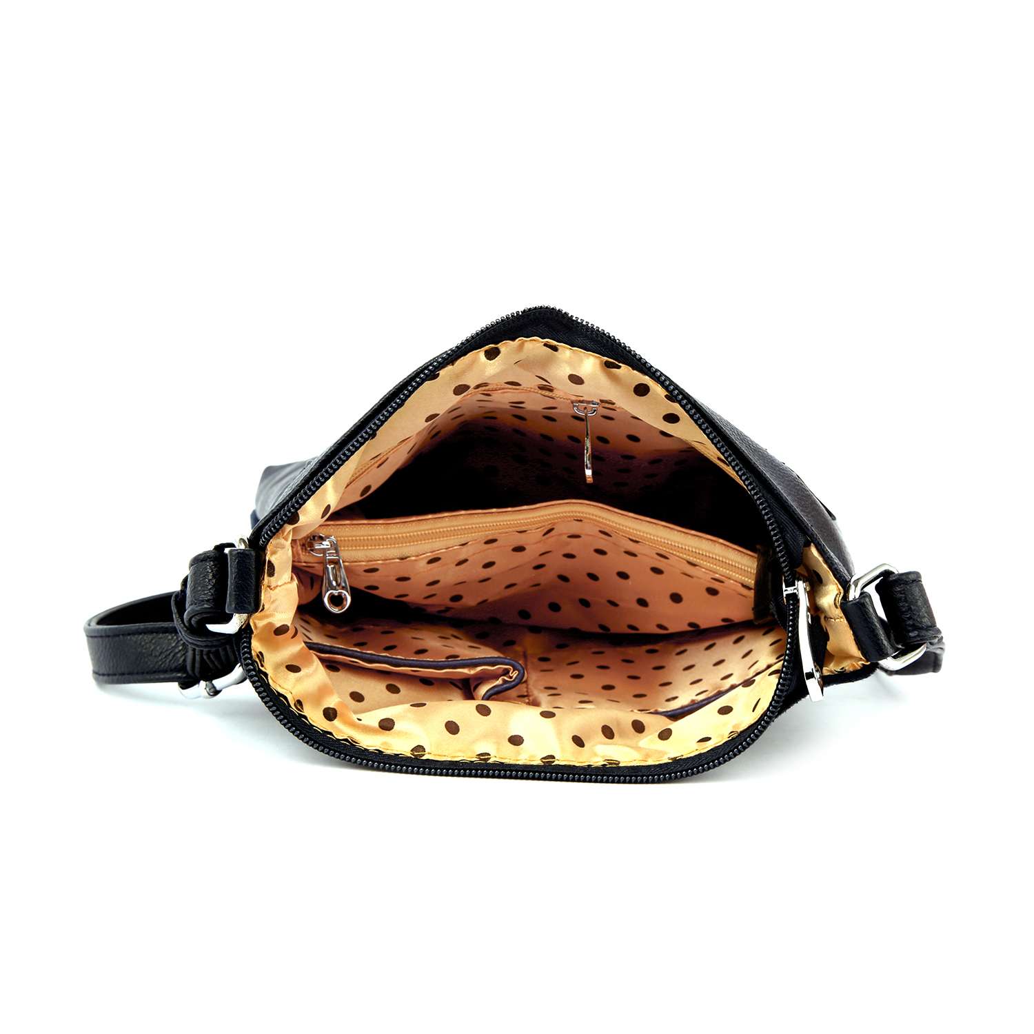 The Rhinetone Butterfly Design Crossbody Sling features a black faux leather exterior, top zipper closure, beige lining with brown polka dots, multiple compartments including an interior zip pocket, and an adjustable strap for lightweight comfort.