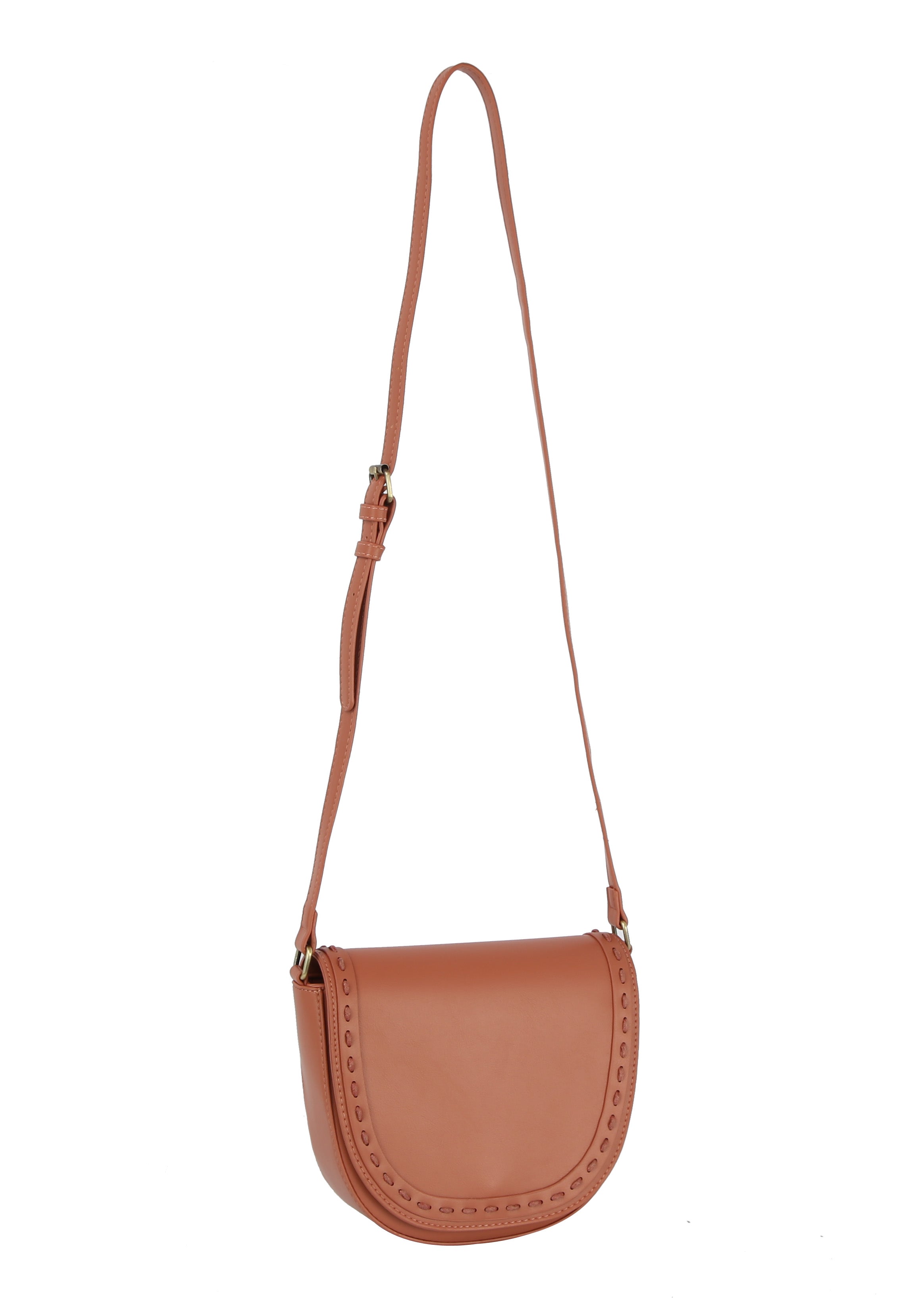The Stitch Accented Top Flap Shoulder Bag is a brown faux leather crossbody with gold hardware, an adjustable strap, and a curved flap featuring stitched edge details, displayed on a plain white background.