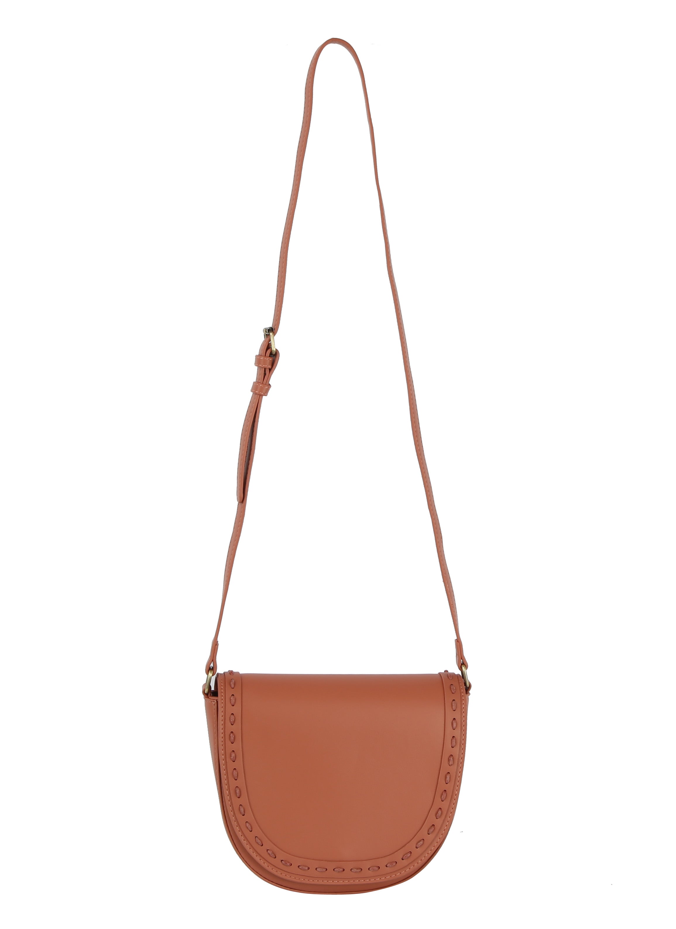 The Stitch Accented Top Flap Shoulder Bag features brown faux leather, a curved flap, decorative edge stitching, gold-toned hardware, and an adjustable shoulder strap.