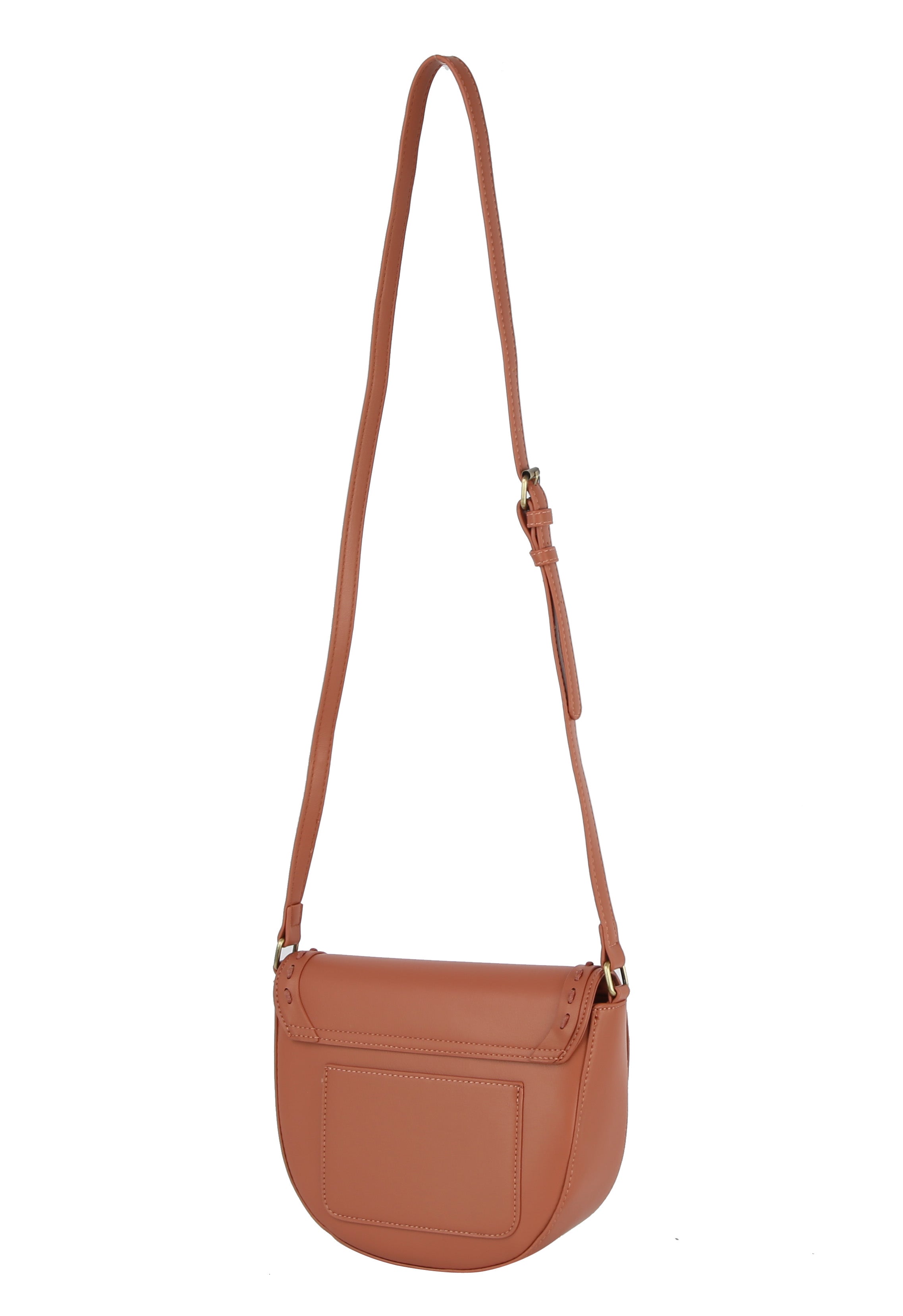 The Stitch Accented Top Flap Shoulder Bag is a small, peach faux leather bag with gold-tone hardware, adjustable strap, and front pocket, shown against a plain white background.