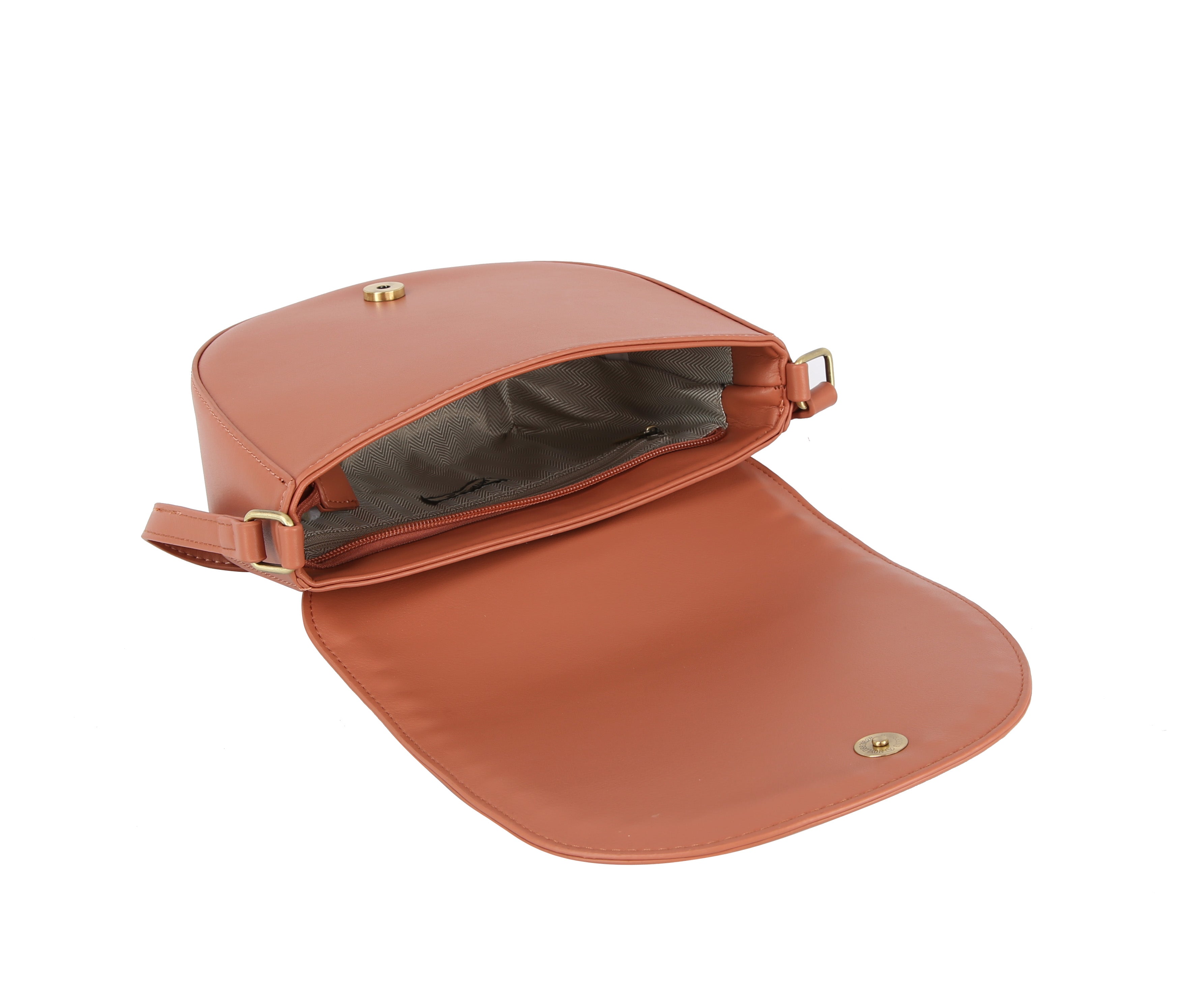 The Stitch Accented Top Flap Shoulder Bag is a small, open, brown faux leather bag with gold hardware, a gold clasp and buckle, light fabric lining, inner zip pocket, and a detachable strap for versatile styling.