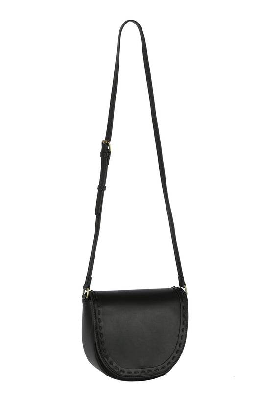 The Stitch Accented Top Flap Shoulder Bag is a black faux leather crossbody with a long adjustable strap, rounded flap closure, subtle stitched edge detailing, and chic gold-toned hardware.