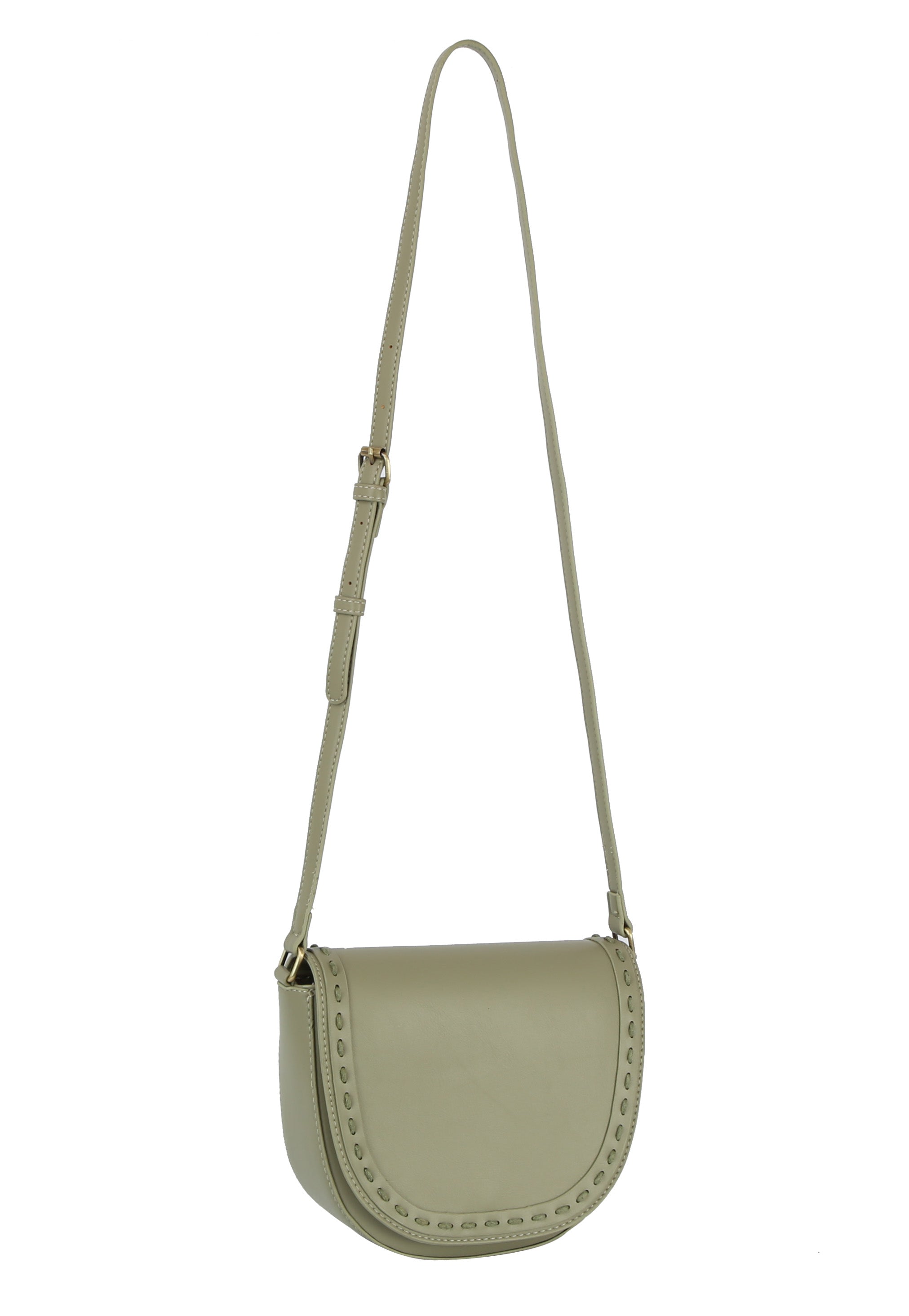 The Stitch Accented Top Flap Shoulder Bag features light olive green faux leather, a long adjustable strap, gold-toned hardware, a rounded flap with decorative edge stitching.
