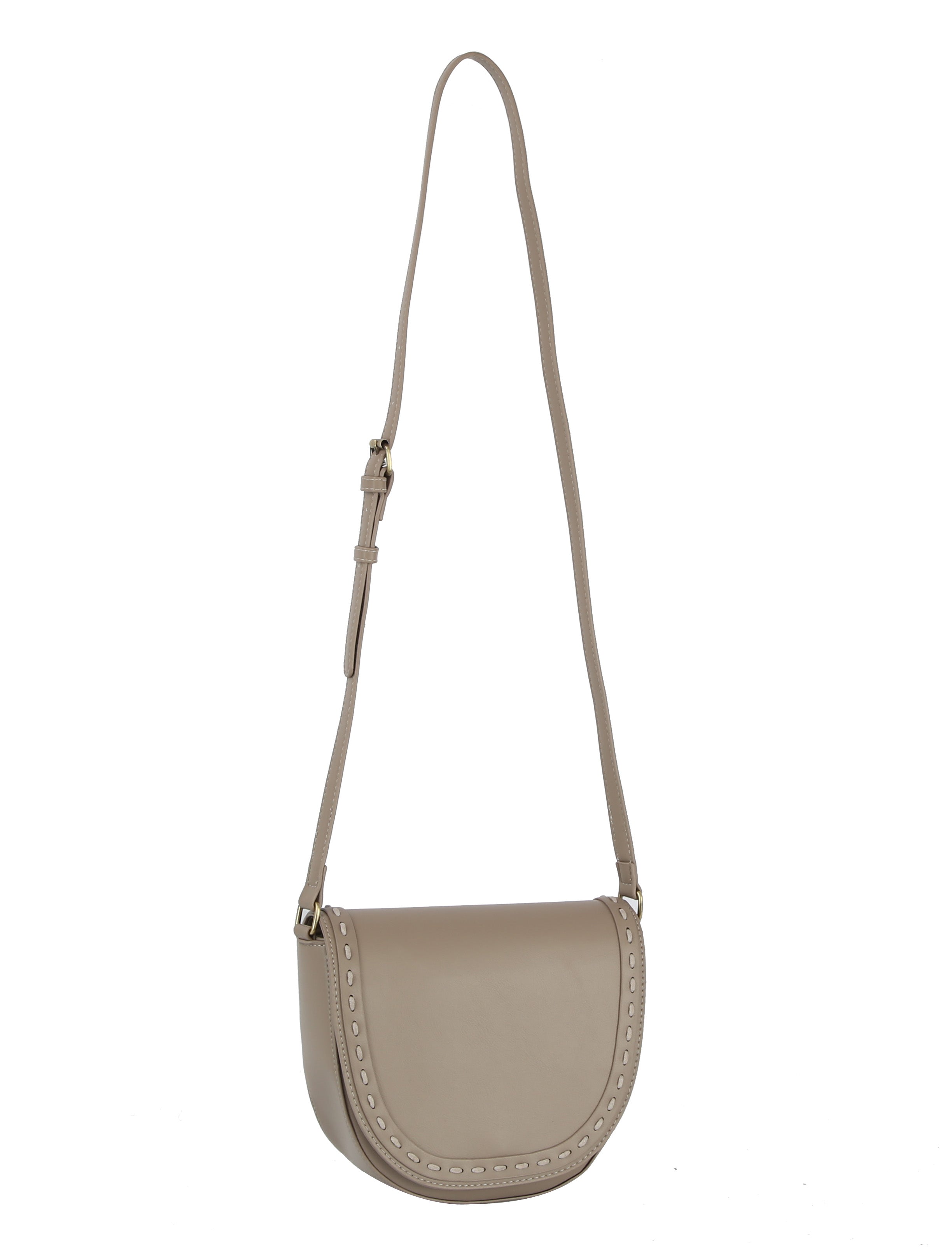 The Stitch Accented Top Flap Shoulder Bag is a beige faux leather bag with a rounded flap, small edge studs, an adjustable detachable strap, and gold-toned hardware, displayed against a white background.