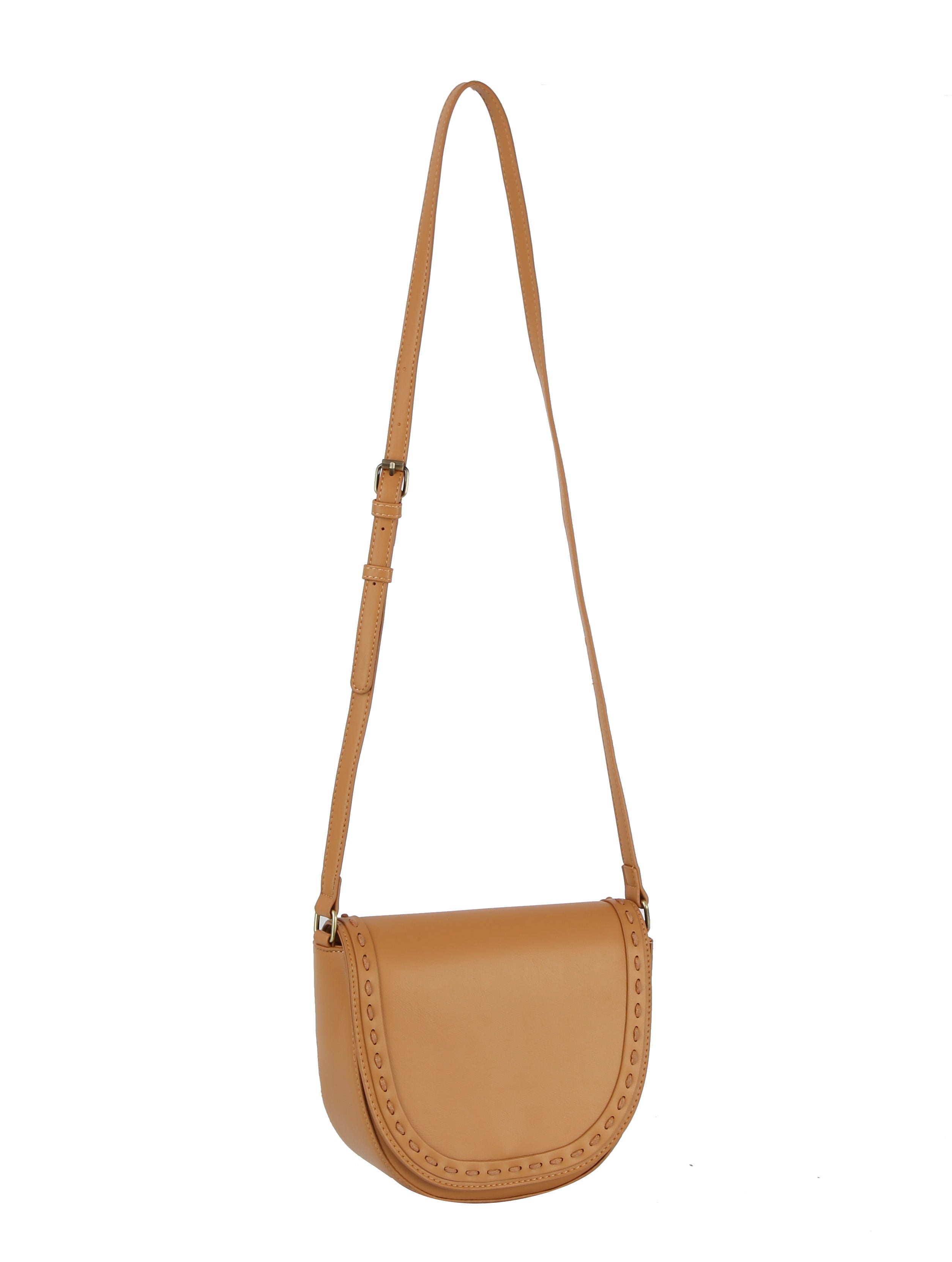 The Stitch Accented Top Flap Shoulder Bag is a tan faux leather crossbody with an adjustable strap, rounded flap, and subtle stitched edging. Gold-toned hardware elevates its minimalist design.