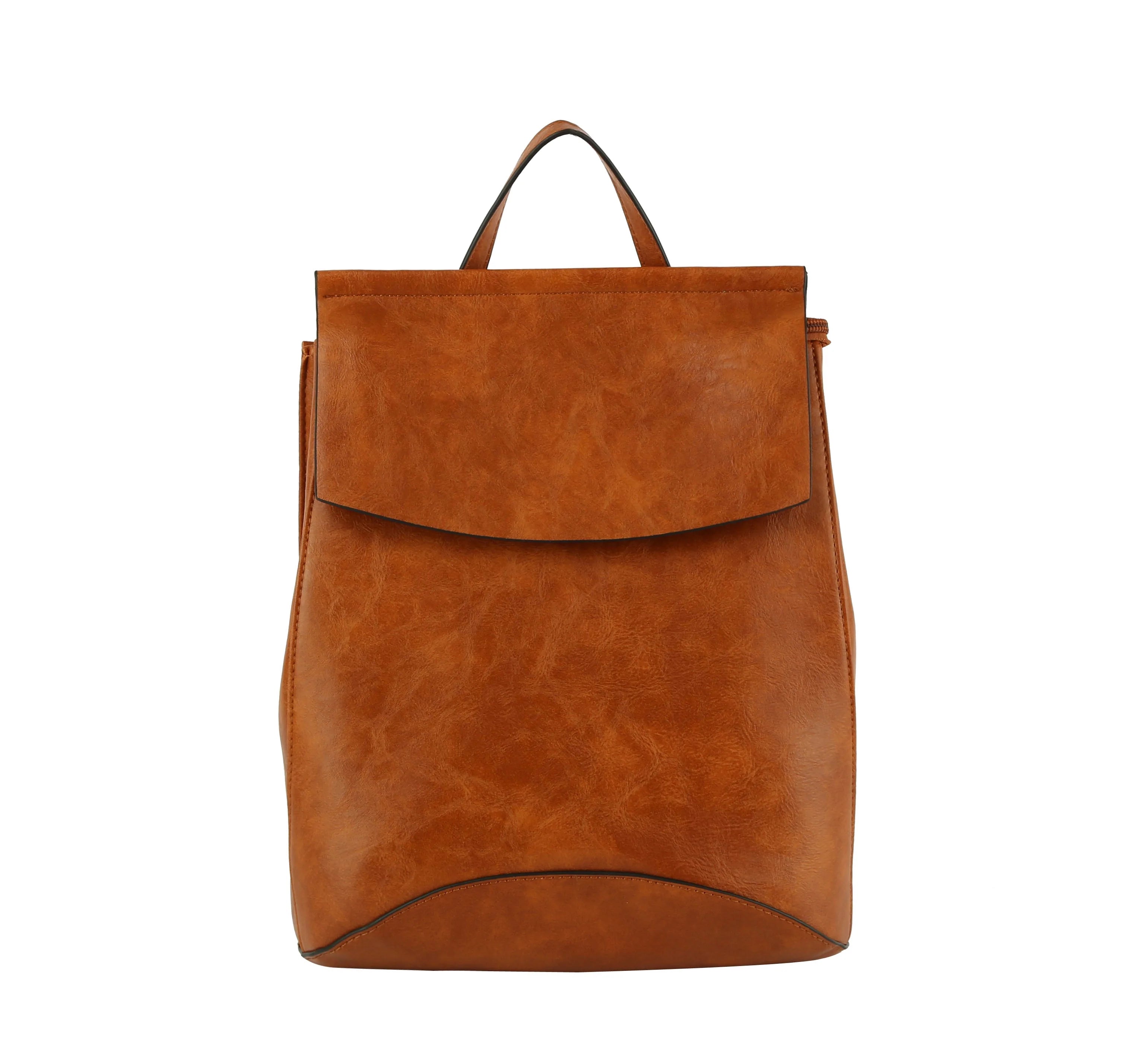 The Convertible Classic Fashion Backpack, in brown faux leather with a front flap closure and top handle, is tablet compatible and shown against a white background.