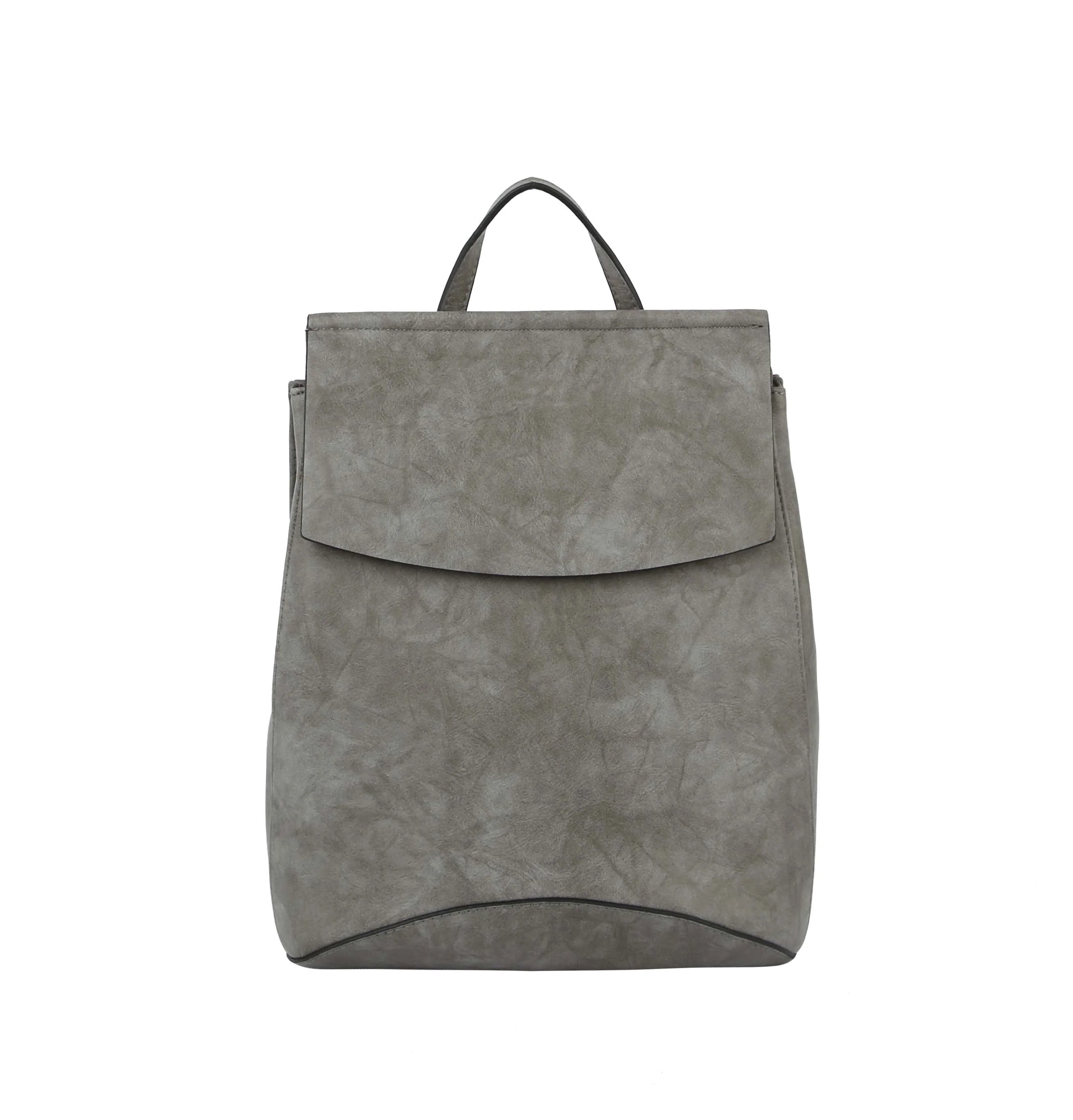 The Convertible Classic Fashion Backpack features a minimalist gray design with a flap closure, single top handle, and soft suede-like texture, shown against a white background.