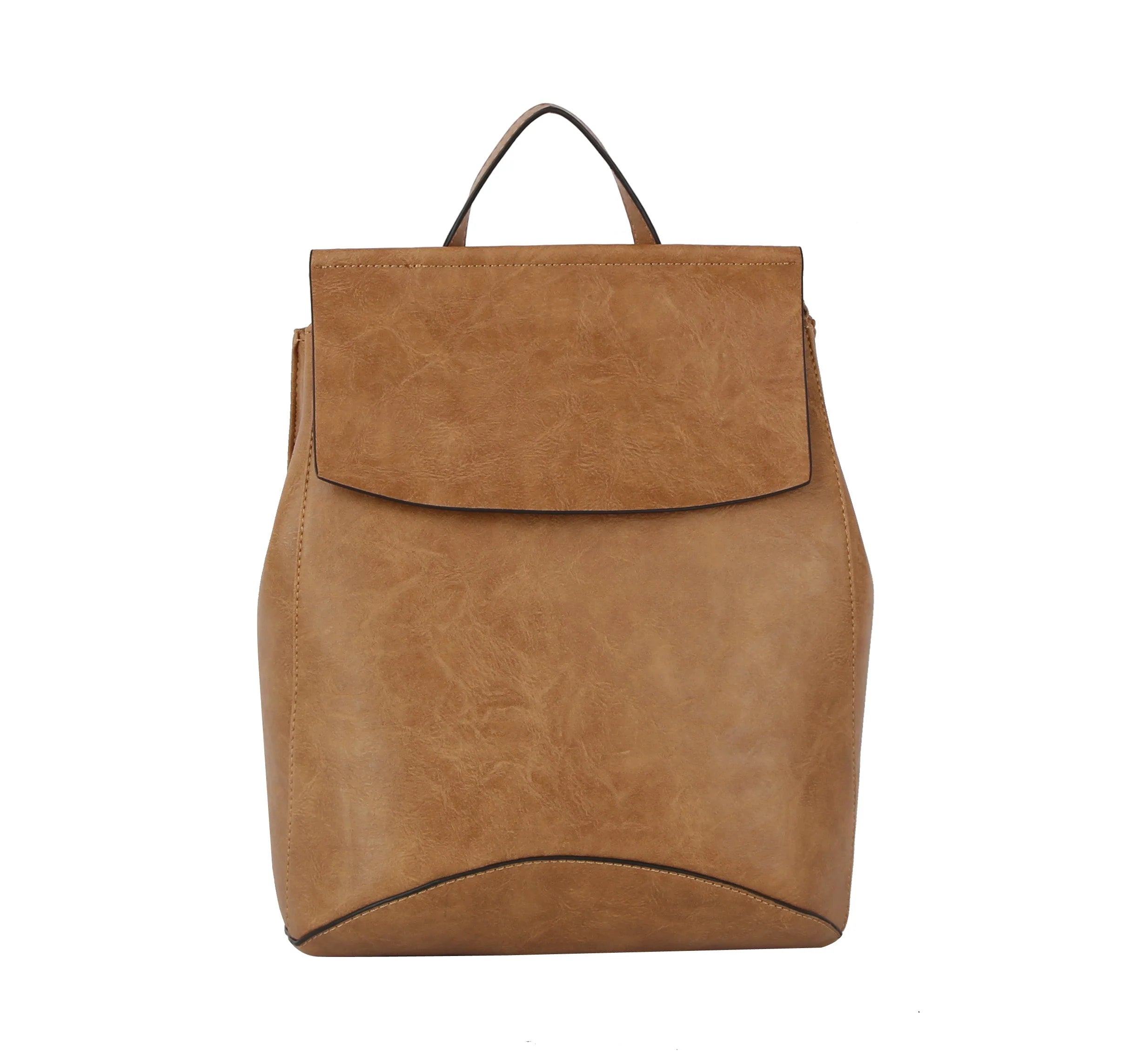 The Convertible Classic Fashion Backpack features light brown faux leather, a top handle, flap closure, and a sleek design. Tablet compatible and able to stand upright, it’s ideal for everyday use and versatile style.