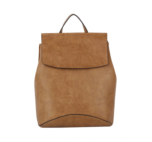 The Convertible Classic Fashion Backpack features light brown faux leather, a top handle, flap closure, and a sleek design. Tablet compatible and able to stand upright, it’s ideal for everyday use and versatile style.