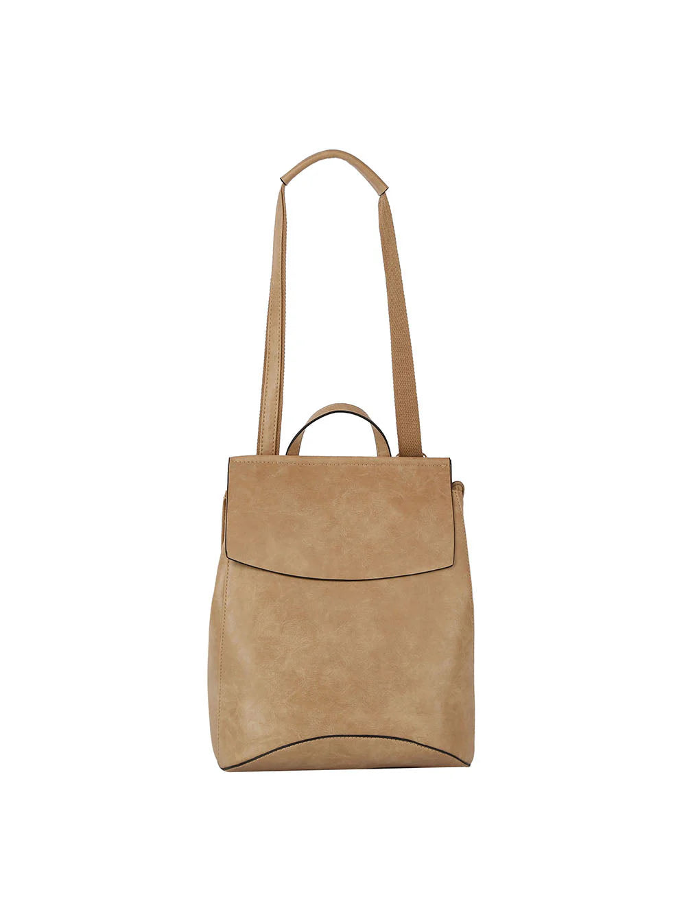 The Convertible Classic Fashion Backpack, shown against a white background, is a tan faux leather bag featuring a flap closure, top handle, and two adjustable shoulder straps for versatile wear.