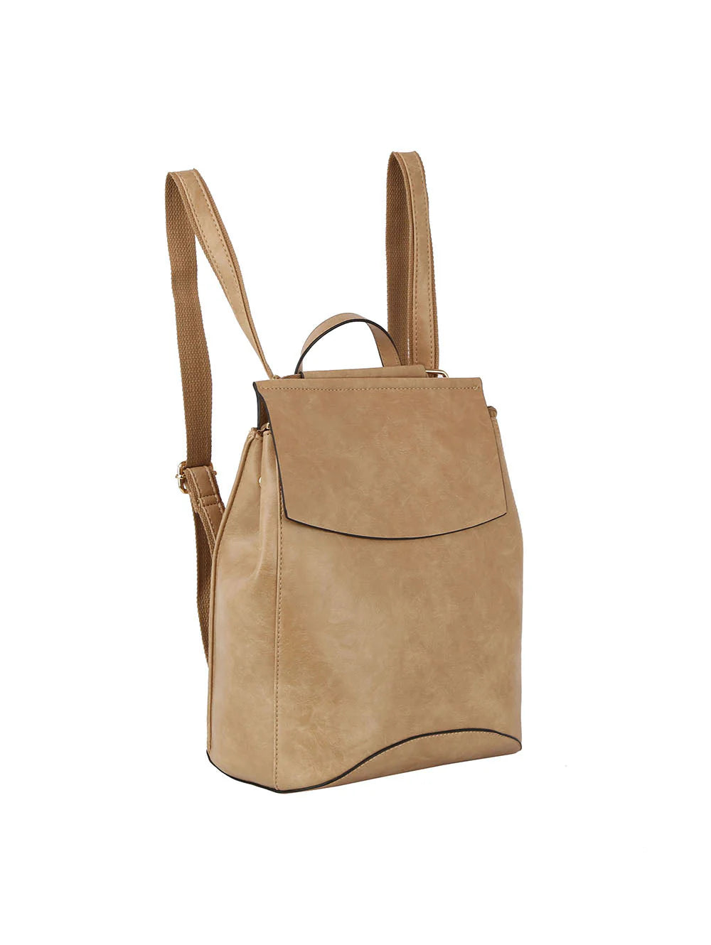 The Convertible Classic Fashion Backpack is a tan faux leather bag with adjustable shoulder straps, top handle, flap closure, and tablet compatibility, shown against a white background.