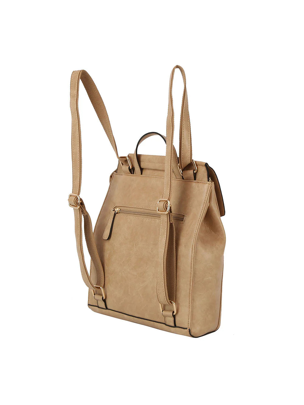The Convertible Classic Fashion Backpack is a tan faux leather purse with adjustable shoulder straps, a top handle, and a zippered back pocket, displayed against a white background.
