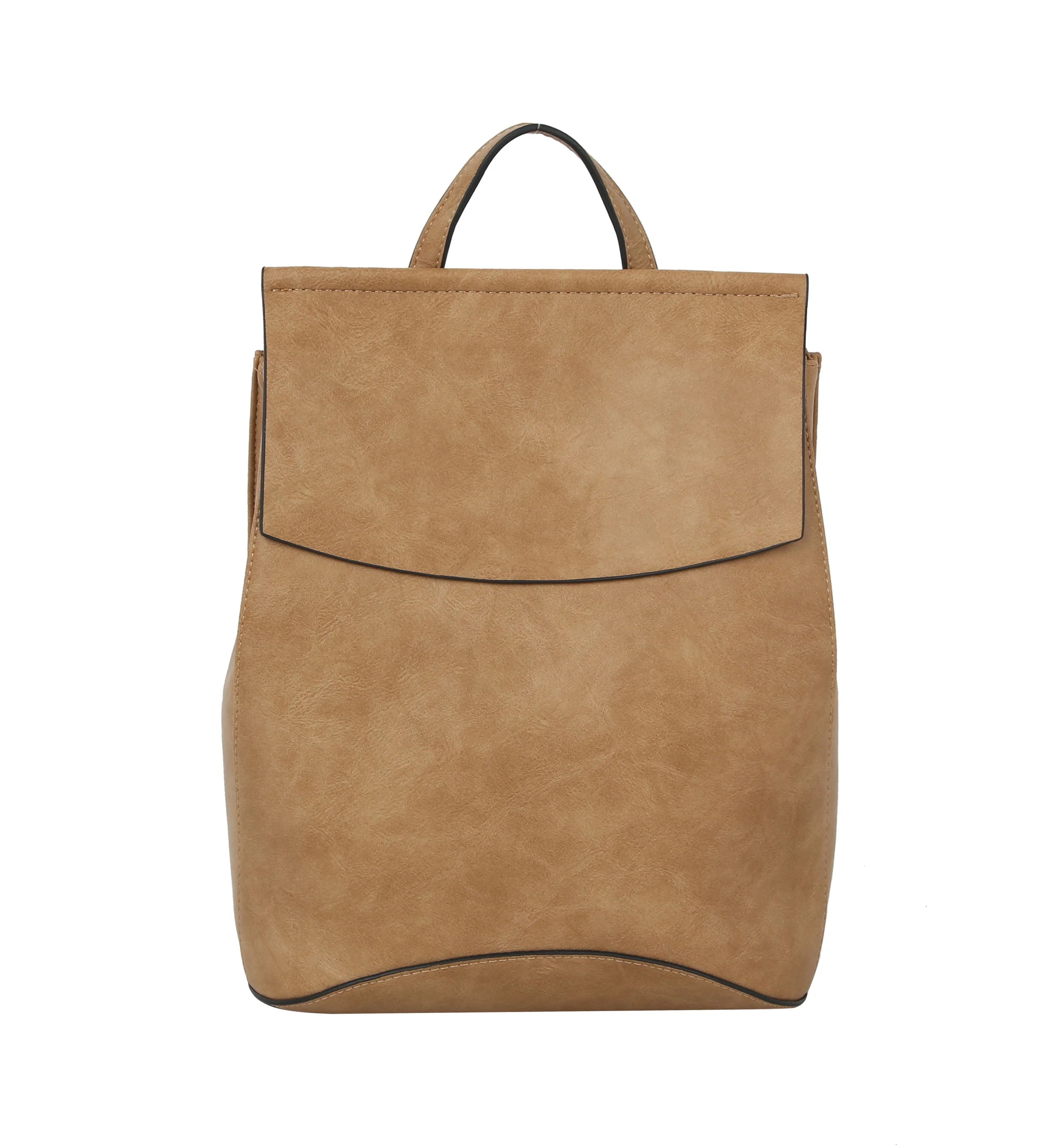 The Convertible Classic Fashion Backpack is a tan faux leather bag with a top handle and front flap closure, minimalistic design, clean lines, no visible hardware, and is tablet compatible. Shown against a white background.