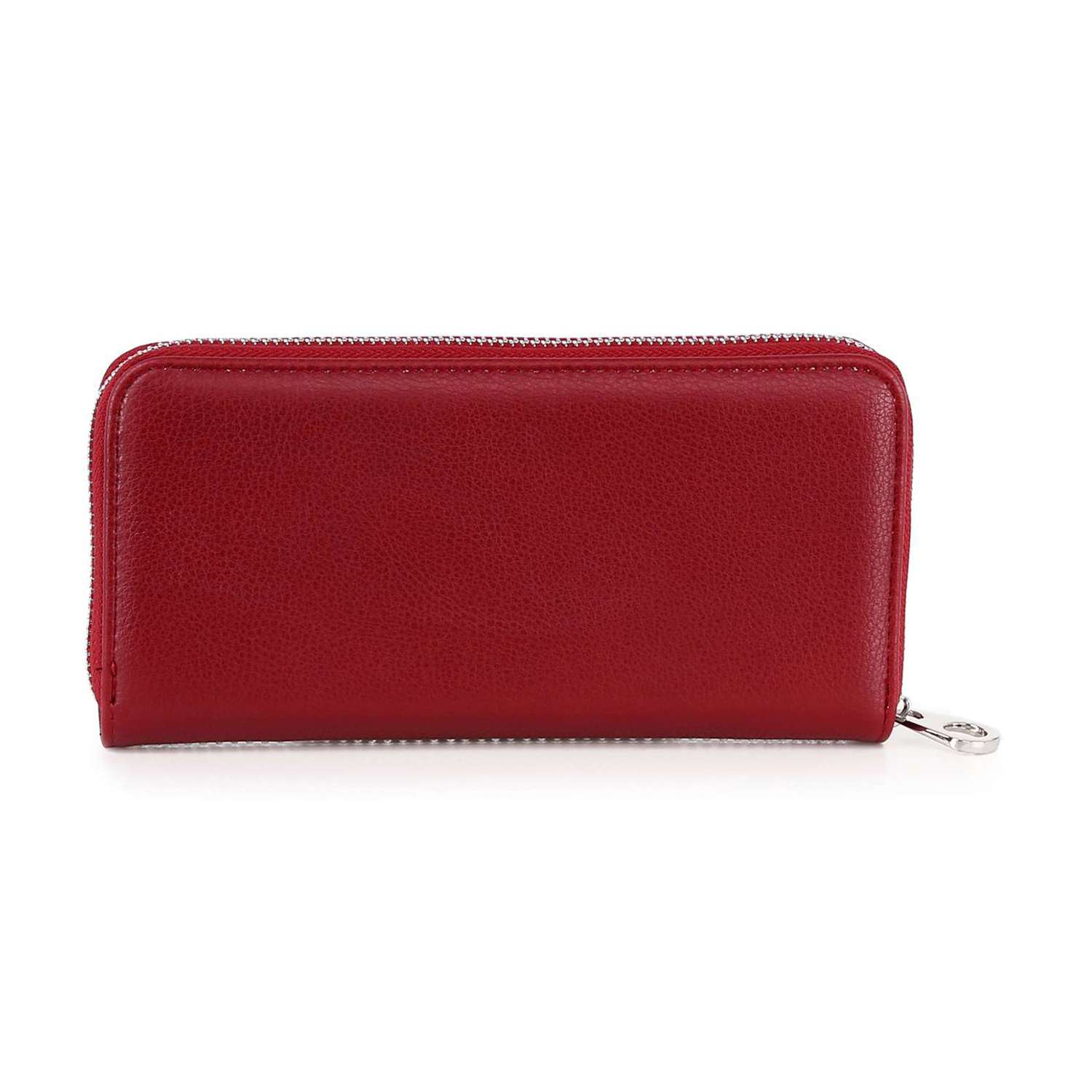 The Dazzling Accordion Wallet is a red, textured zip-around wallet displayed on a plain white background. Its rectangular design and right-side zipper pull offer both stylish looks and practical functionality.