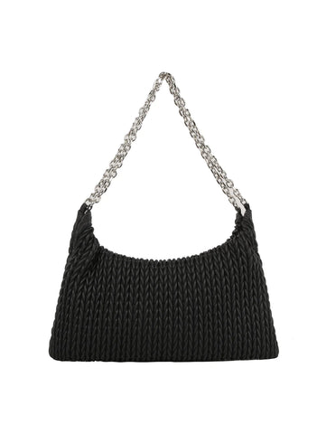 Chain Accented Woven Embossed Shoulder Bag