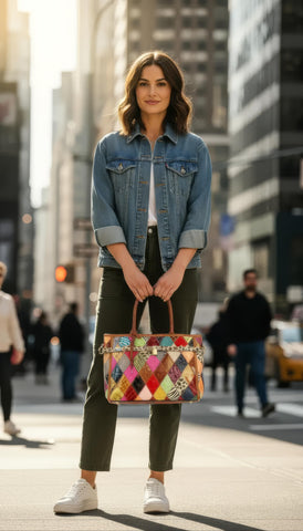 Genuine Leather Colorful Belted Tote Handbag