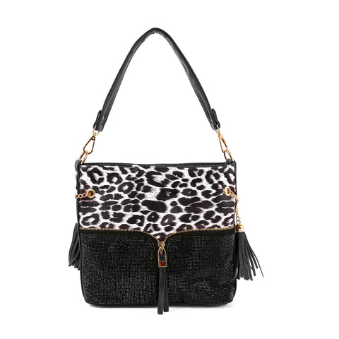 Animal Print Rhinestone Zip Hobo Handbag