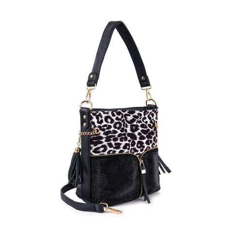 Animal Print Rhinestone Zip Hobo Handbag