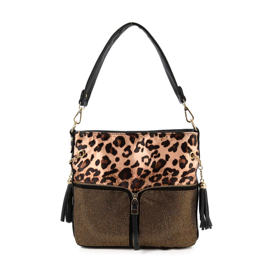 Animal Print Rhinestone Zip Hobo Handbag