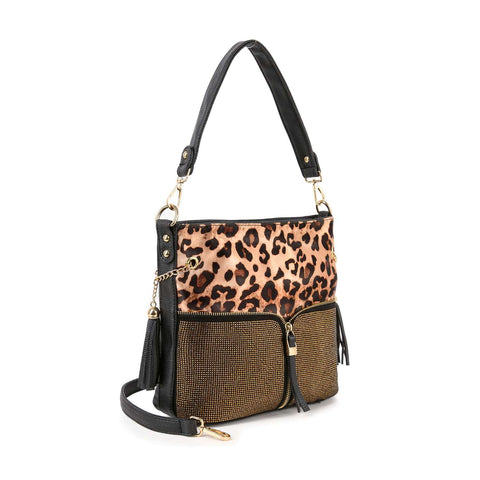 Animal Print Rhinestone Zip Hobo Handbag