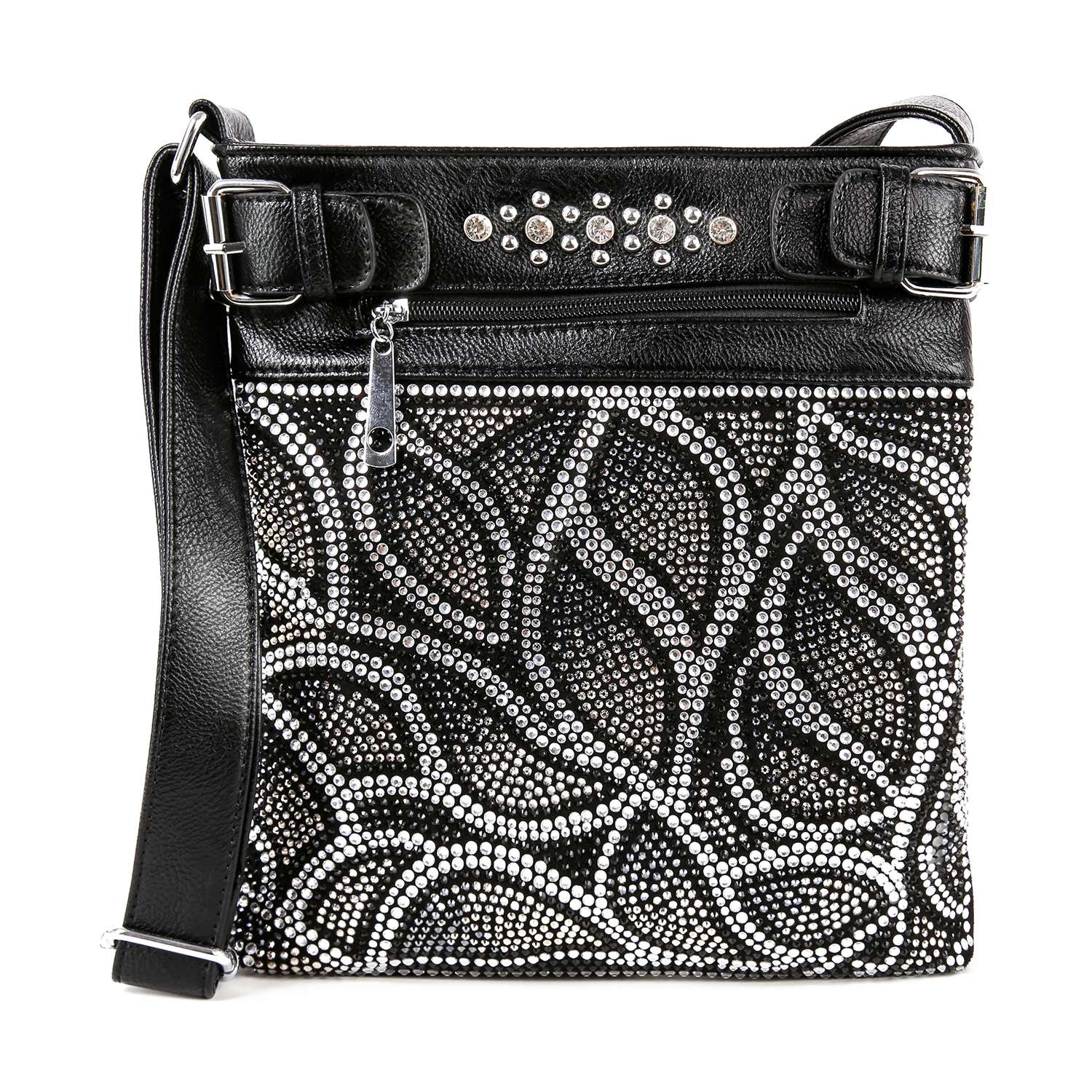 The Sparkling Rhinestone Design Crossbody Sling is a black faux leather bag with a sparkling silver stud pattern, zippered front pocket, textured flap with extra studs, and an adjustable strap.