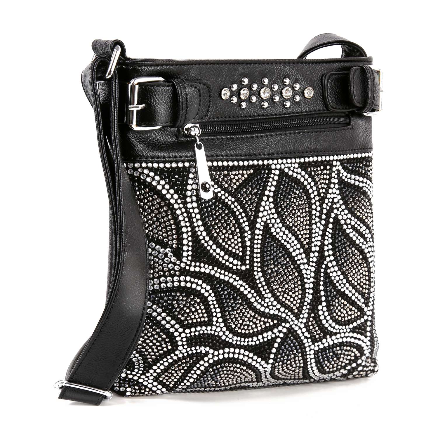 The Sparkling Rhinestone Design Crossbody Sling features black faux leather, a silver zipper, adjustable strap, and an intricate front pattern of white and silver rhinestones for extra sparkle.