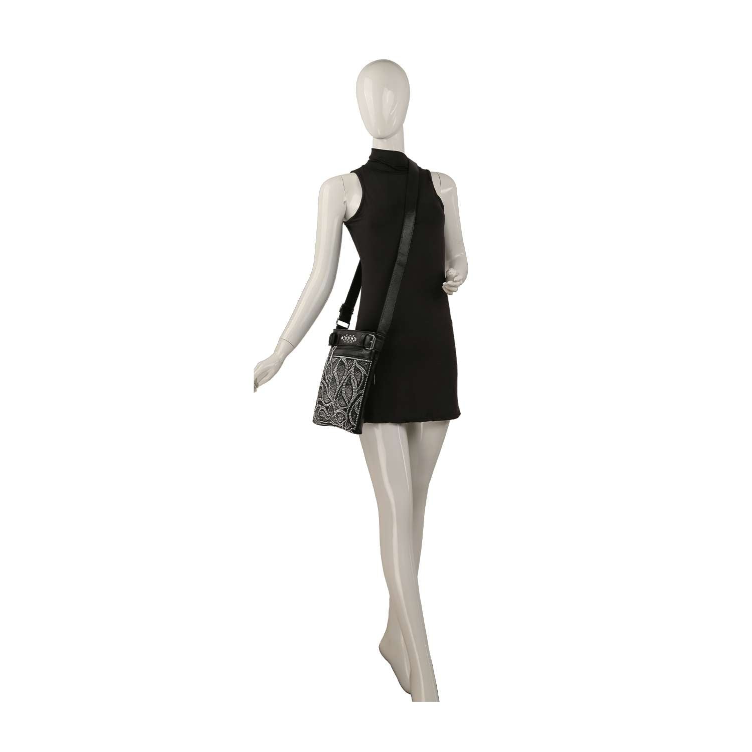 A mannequin in a sleeveless black mini dress showcases the Sparkling Rhinestone Design Crossbody Sling, featuring a chic quilted look, from the back and slightly to the side against a white background.