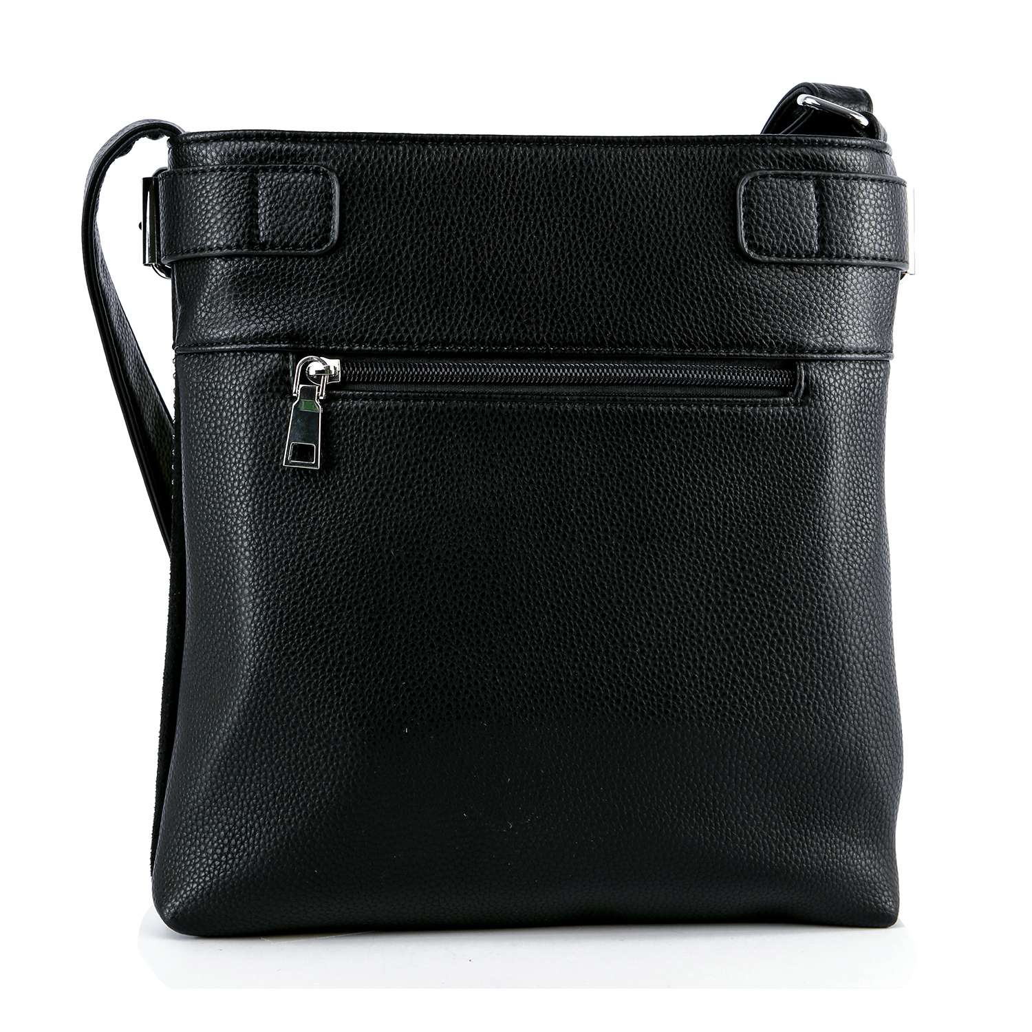 The Sparkling Rhinestone Design Crossbody Sling features a black faux leather build with a textured finish, adjustable strap, front zippered pocket, and stands upright against a white background.