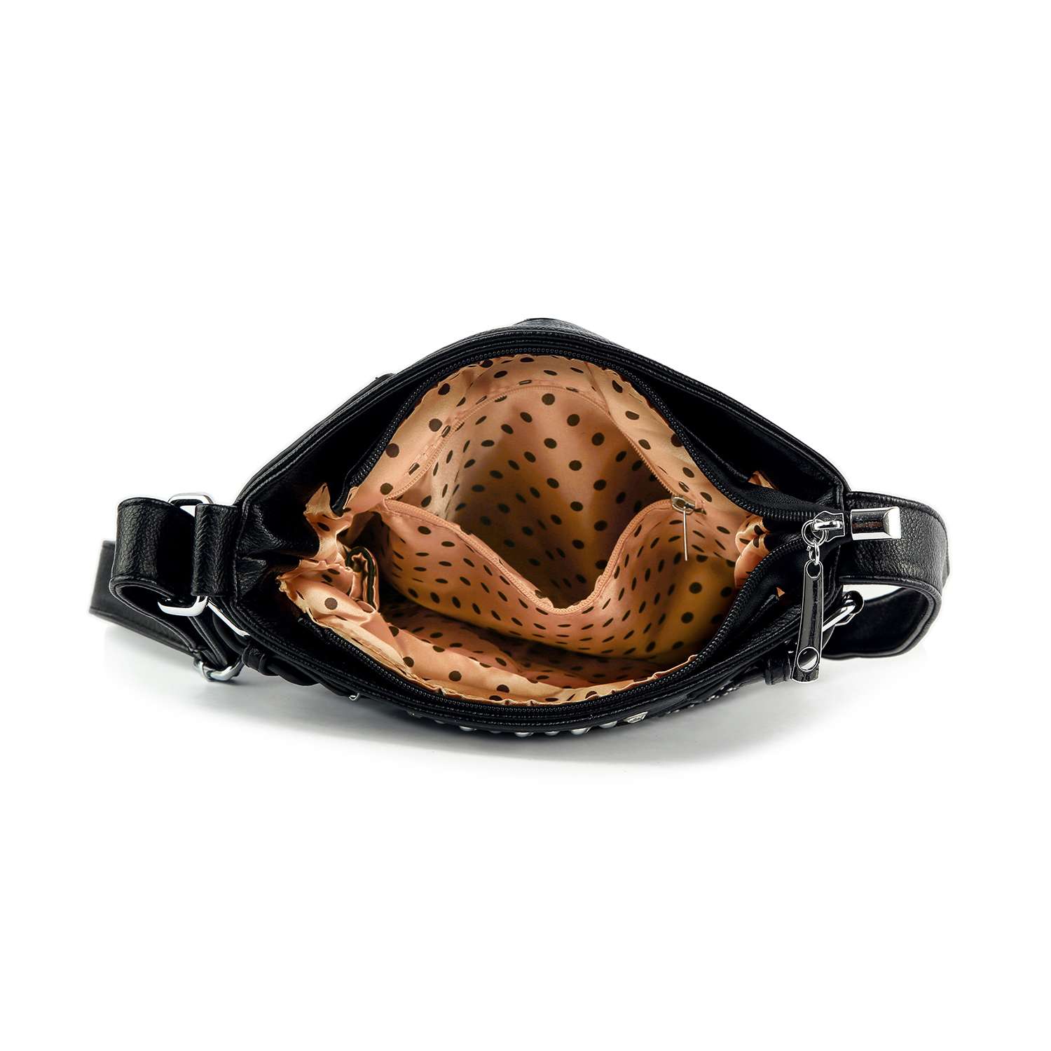 The Sparkling Rhinestone Design Crossbody Sling is displayed open from above, showcasing a beige fabric lining with black polka dots and multiple inner compartments, perfect for use as a crossbody purse.