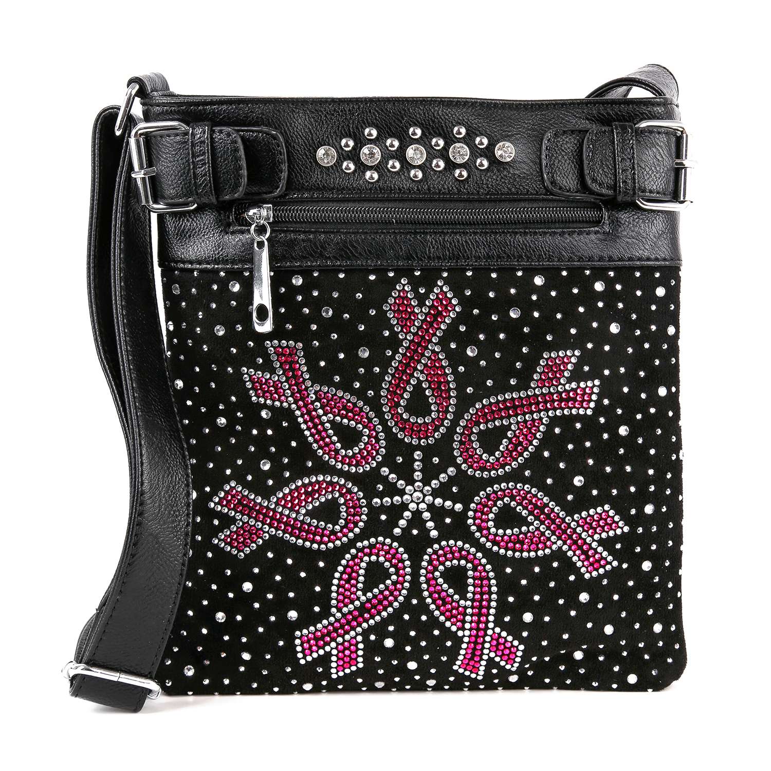 The Rhinestone Bling Breast Cancer Ribbon Crossbody Sling is a black bag with silver studs, pink awareness ribbons in a circular front pattern, a zipper pocket, and an adjustable strap for chic style and support.
