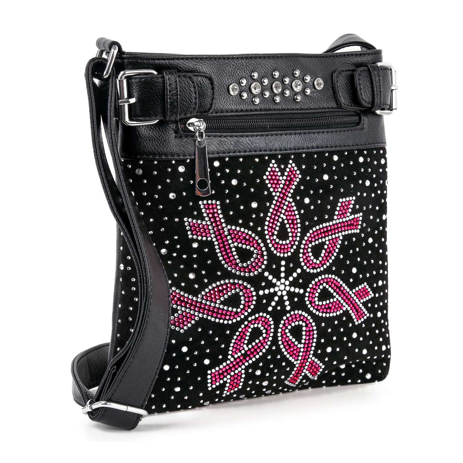 The Rhinestone Bling Breast Cancer Ribbon Crossbody Sling is a black sling bag adorned with pink rhinestone awareness ribbons in a circle, white rhinestones, silver studs, a zip pocket, and an adjustable strap for breast cancer awareness.
