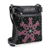 The Rhinestone Bling Breast Cancer Ribbon Crossbody Sling is a black sling bag adorned with pink rhinestone awareness ribbons in a circle, white rhinestones, silver studs, a zip pocket, and an adjustable strap for breast cancer awareness.