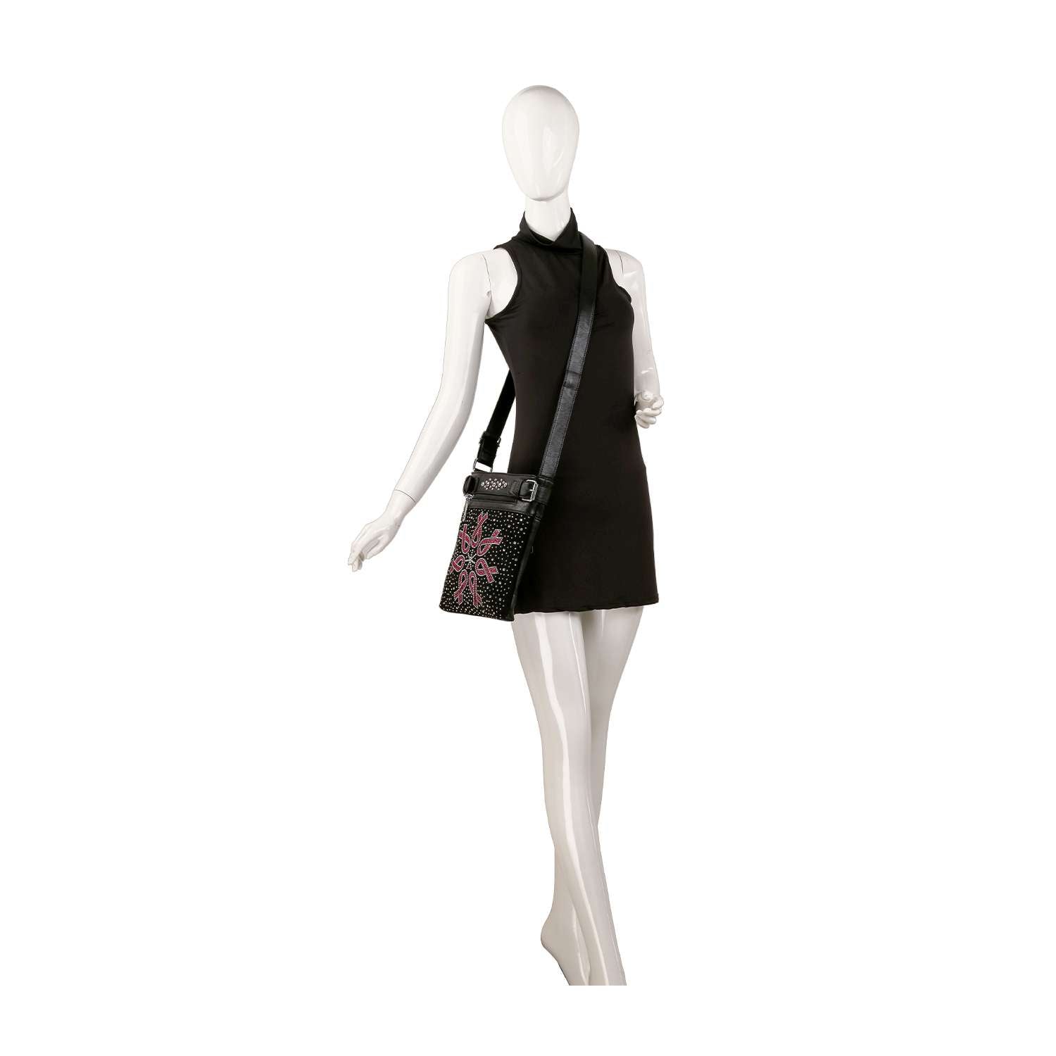 A mannequin in a sleeveless black dress showcases the Rhinestone Bling Breast Cancer Ribbon Crossbody Sling, featuring a pink and white geometric design—stylish and perfect for supporting breast cancer awareness.