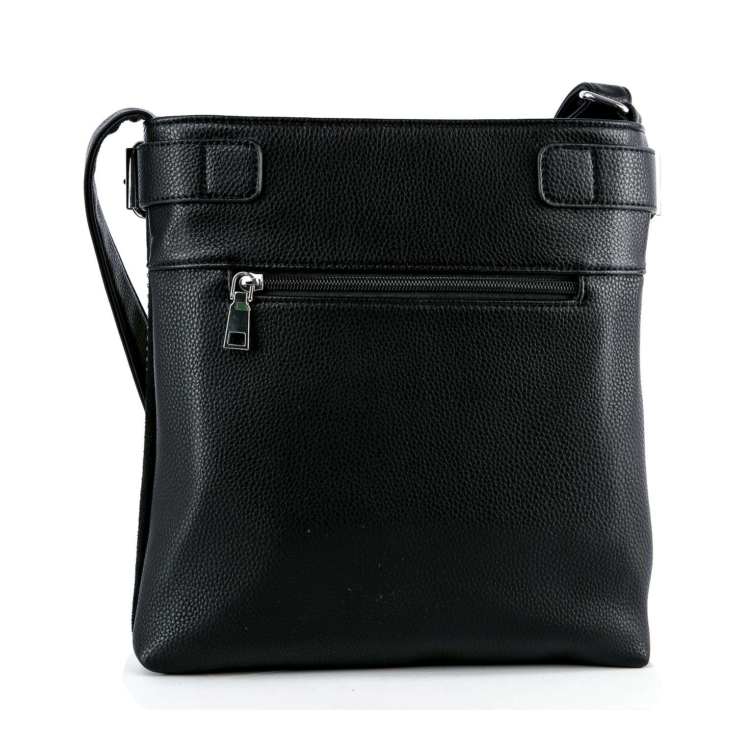 The Rhinestone Bling Breast Cancer Ribbon Crossbody Sling features a black, textured leather design, front zippered pocket, and adjustable shoulder strap. Photographed on a white background, its perfect for everyday versatility and style.