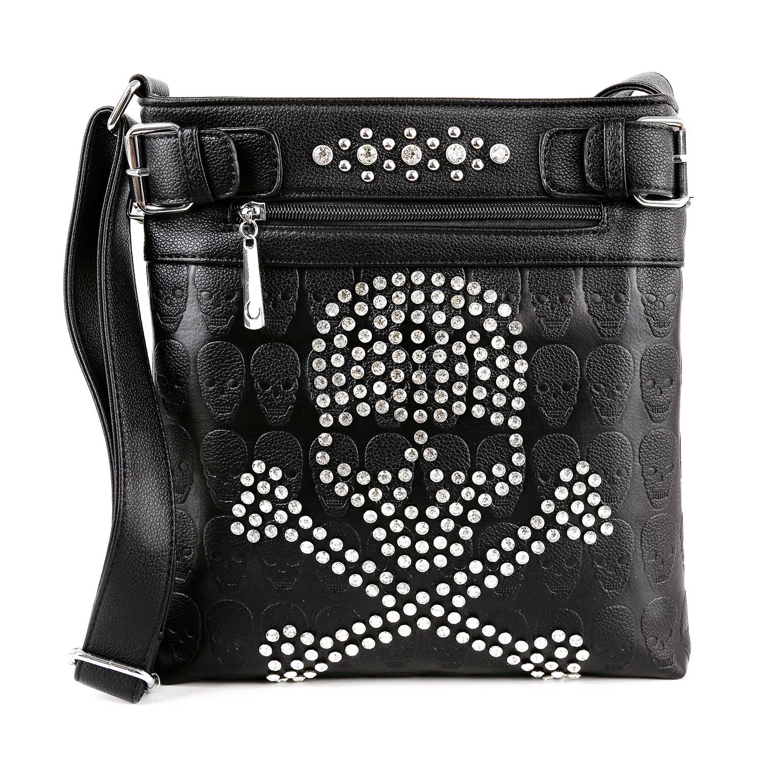 The Spectacular Skull Design Crossbody Sling is a black faux leather bag with a silver zipper and strap, embossed skull patterns, and bold front skull and crossbones in shiny silver studs—perfect for edgy style.