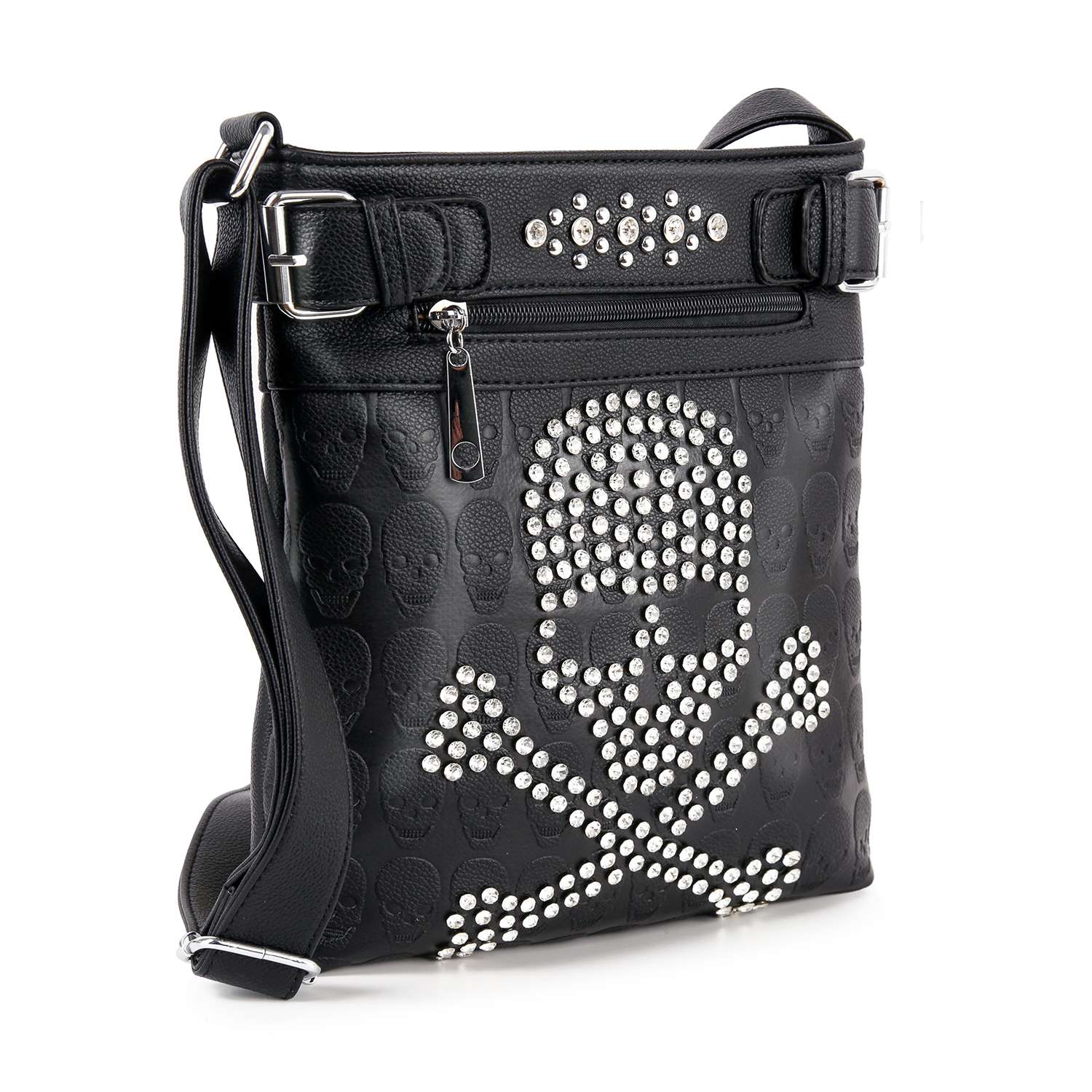 The Spectacular Skull Design Crossbody Sling is a black faux leather bag with a raised, stud-embellished skull and crossbones, front zip pocket, studded top pattern, and adjustable shoulder strap for edgy style.
