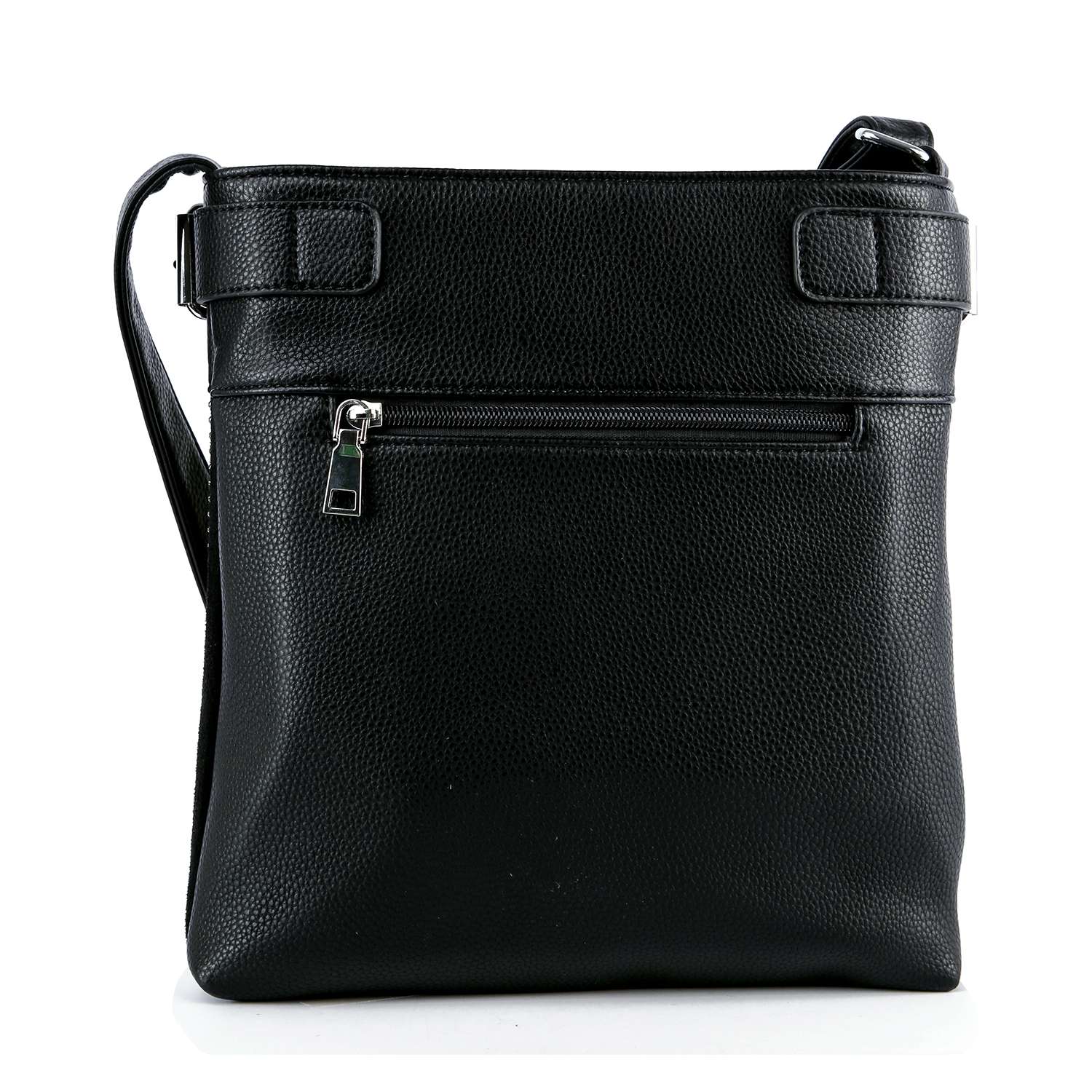 The Spectacular Skull Design Crossbody Sling features black faux leather, a front zippered pocket, adjustable strap, and textured finish—displayed upright against a white background—ideal as a stylish everyday purse.