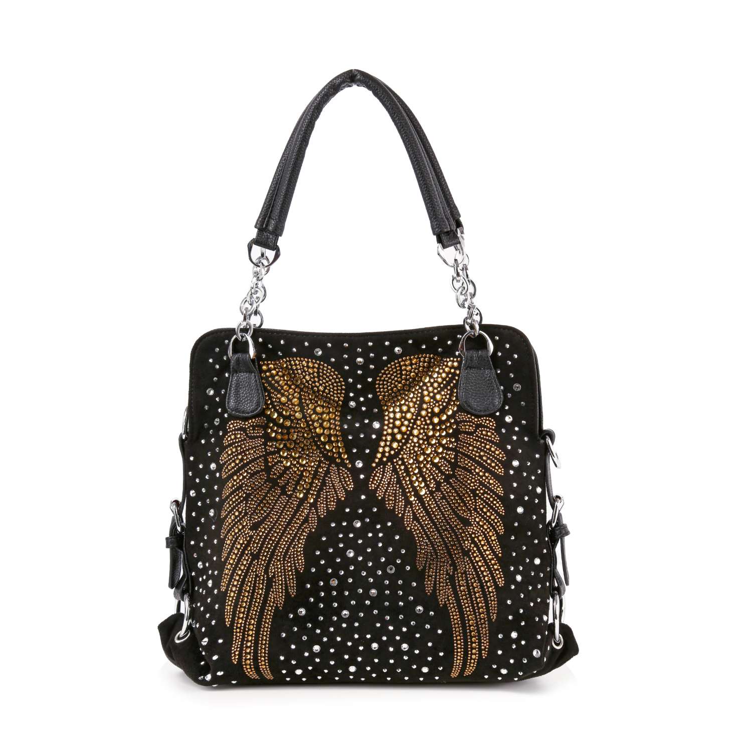 The Stunning Rhinestone Wing Design Shoulder Bag is a black faux leather shoulder bag featuring two gold wing designs in rhinestones, small silver studs, and black handles with elegant silver chain straps.