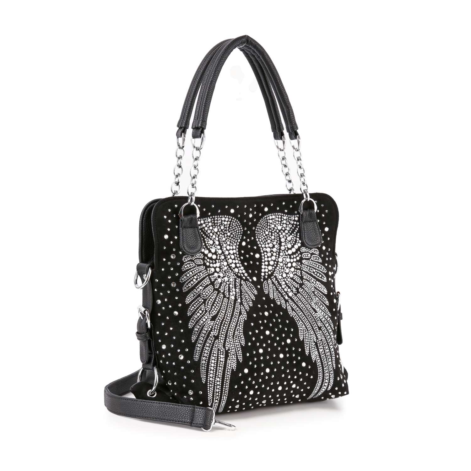 The Stunning Rhinestone Wing Design Shoulder Bag features black faux leather, silver chain handles, a bold rhinestone wing motif, detachable strap, and sparkling stud detailing on the front.